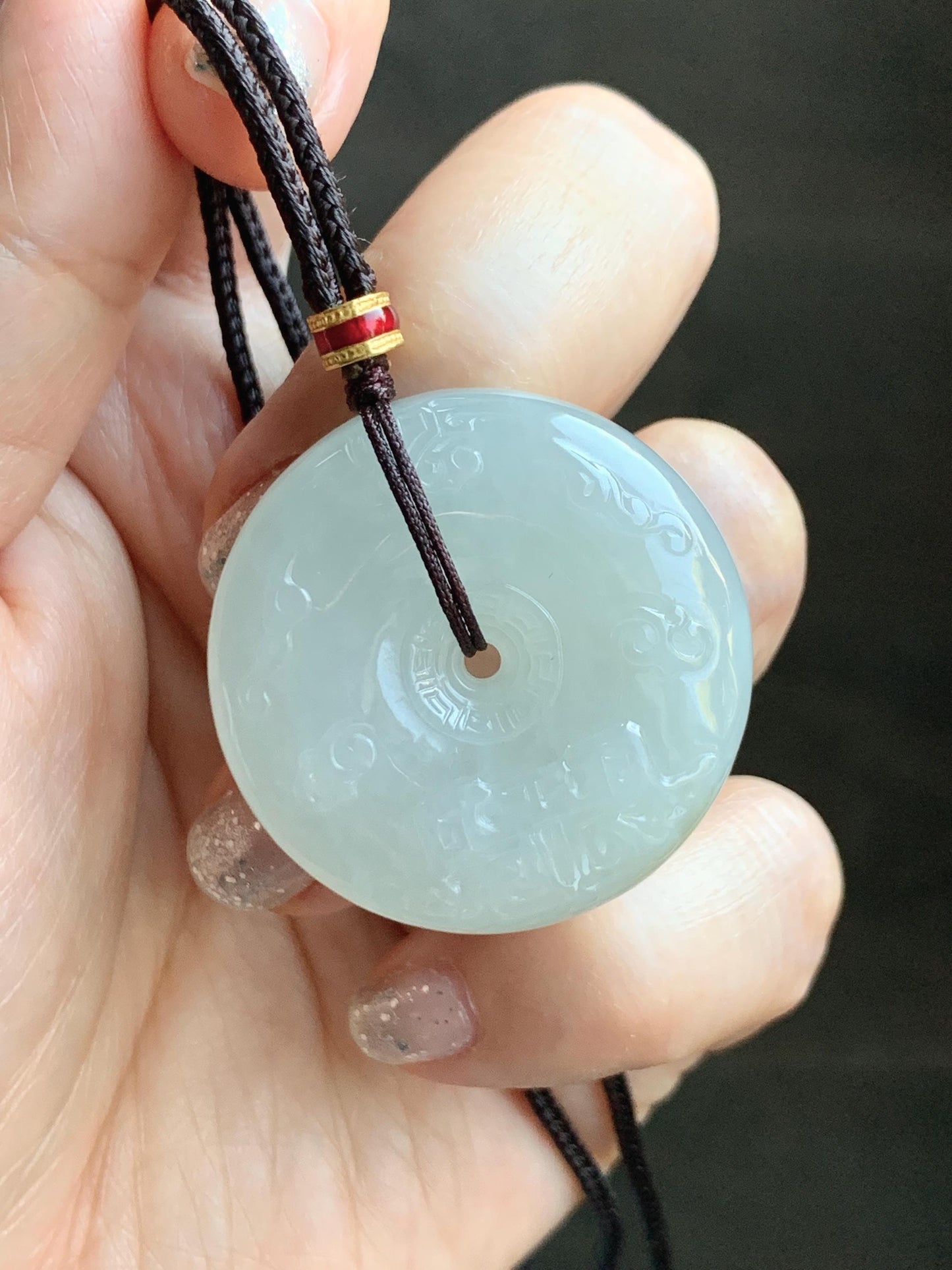 Certified Natural Grade A Icy Translucent Light Beige Jade Jadeite Engraved Ping An Kou Donut Pendant Rope Necklace 28” 天然细糯冰糖黄翡翠仿古雕平安扣项链488