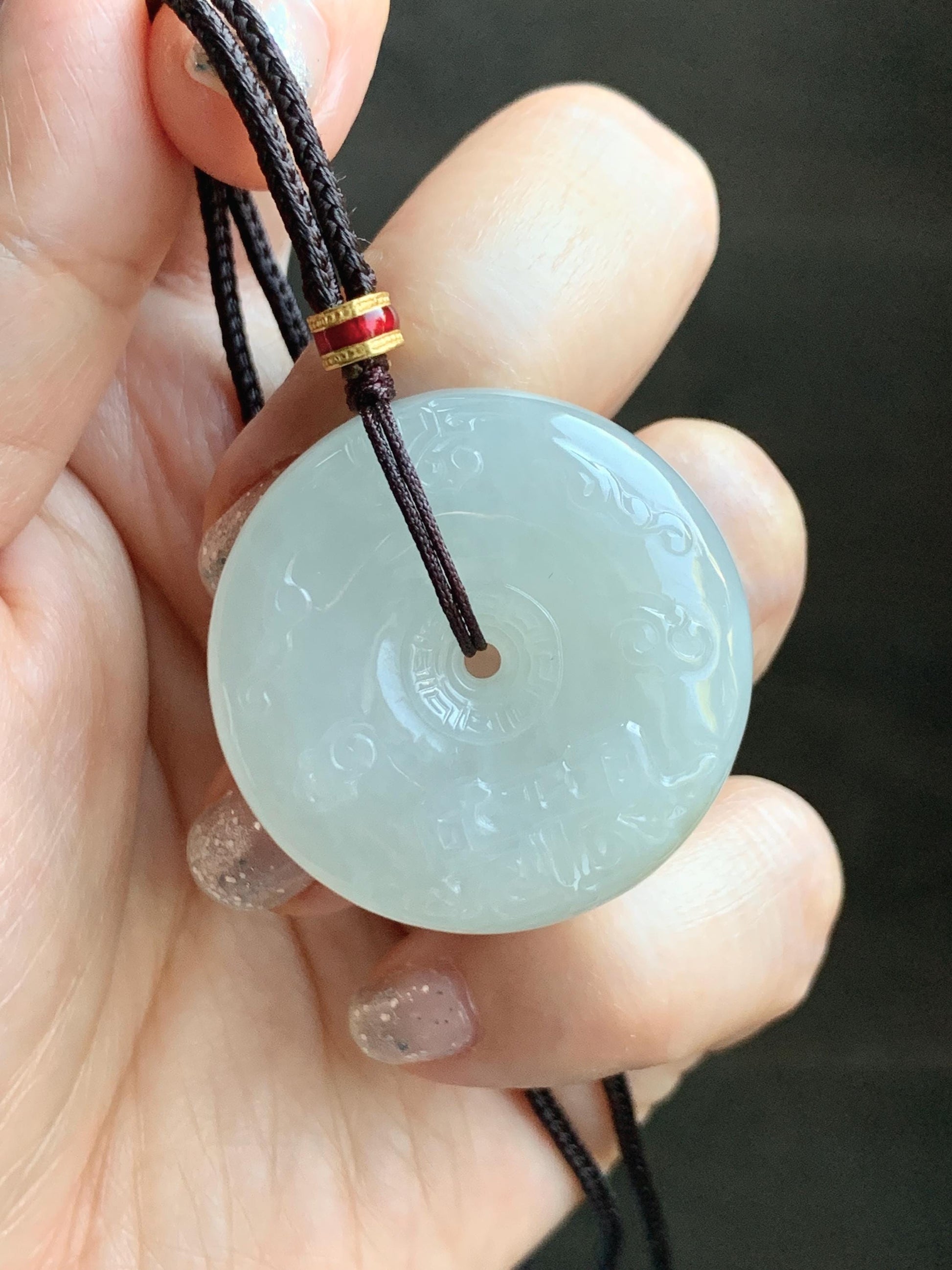 Certified Natural Grade A Icy Translucent Light Beige Jade Jadeite Engraved Ping An Kou Donut Pendant Rope Necklace 28” 天然细糯冰糖黄翡翠仿古雕平安扣项链488