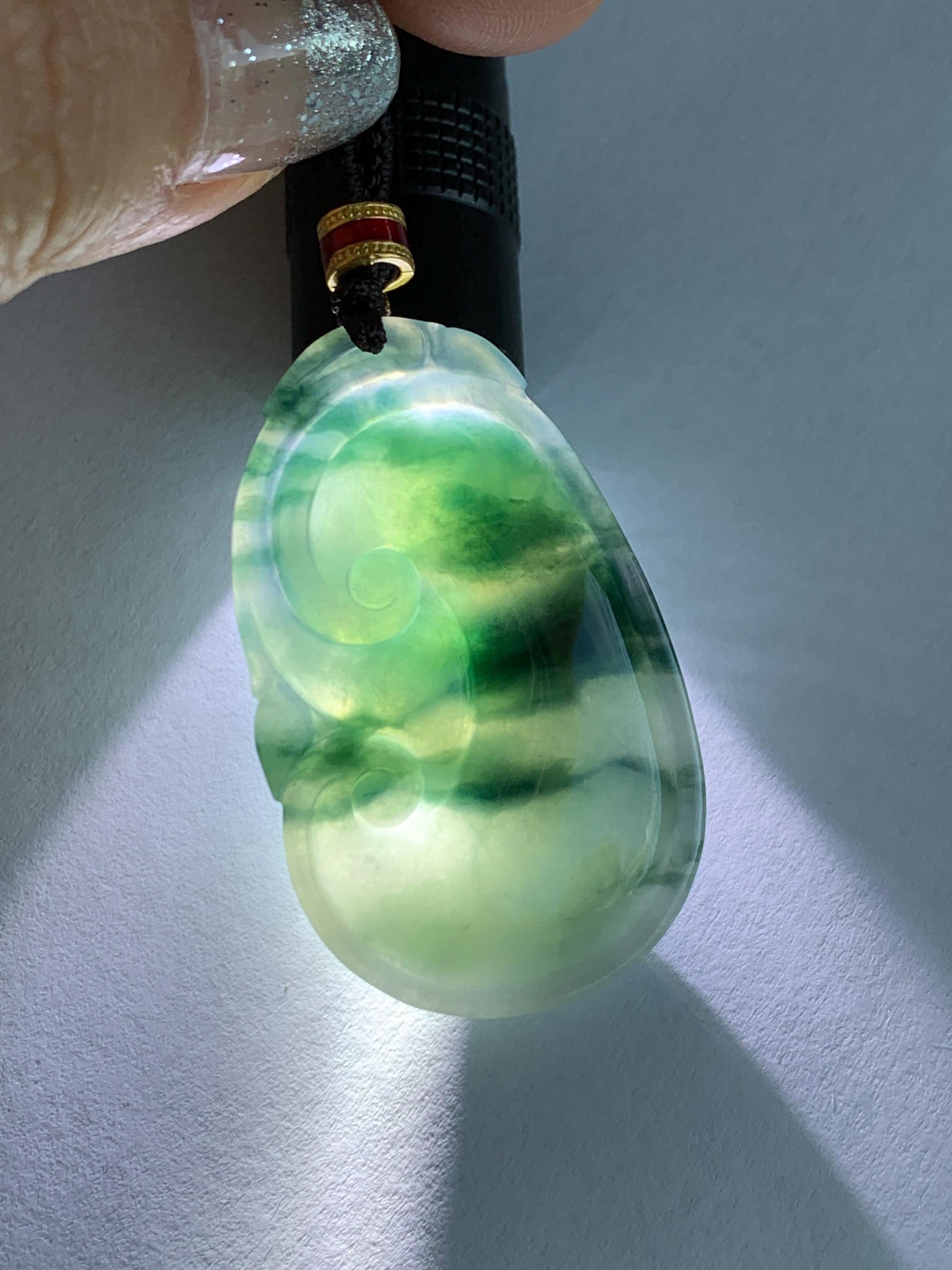 Certified Natural Grade A Icy Translucent Dark Teal Green Marbled Jade Jadeite Ruyi Pendant Rope Necklace 26” 11.7g 天然细糯飘花翡翠如意吊坠 480