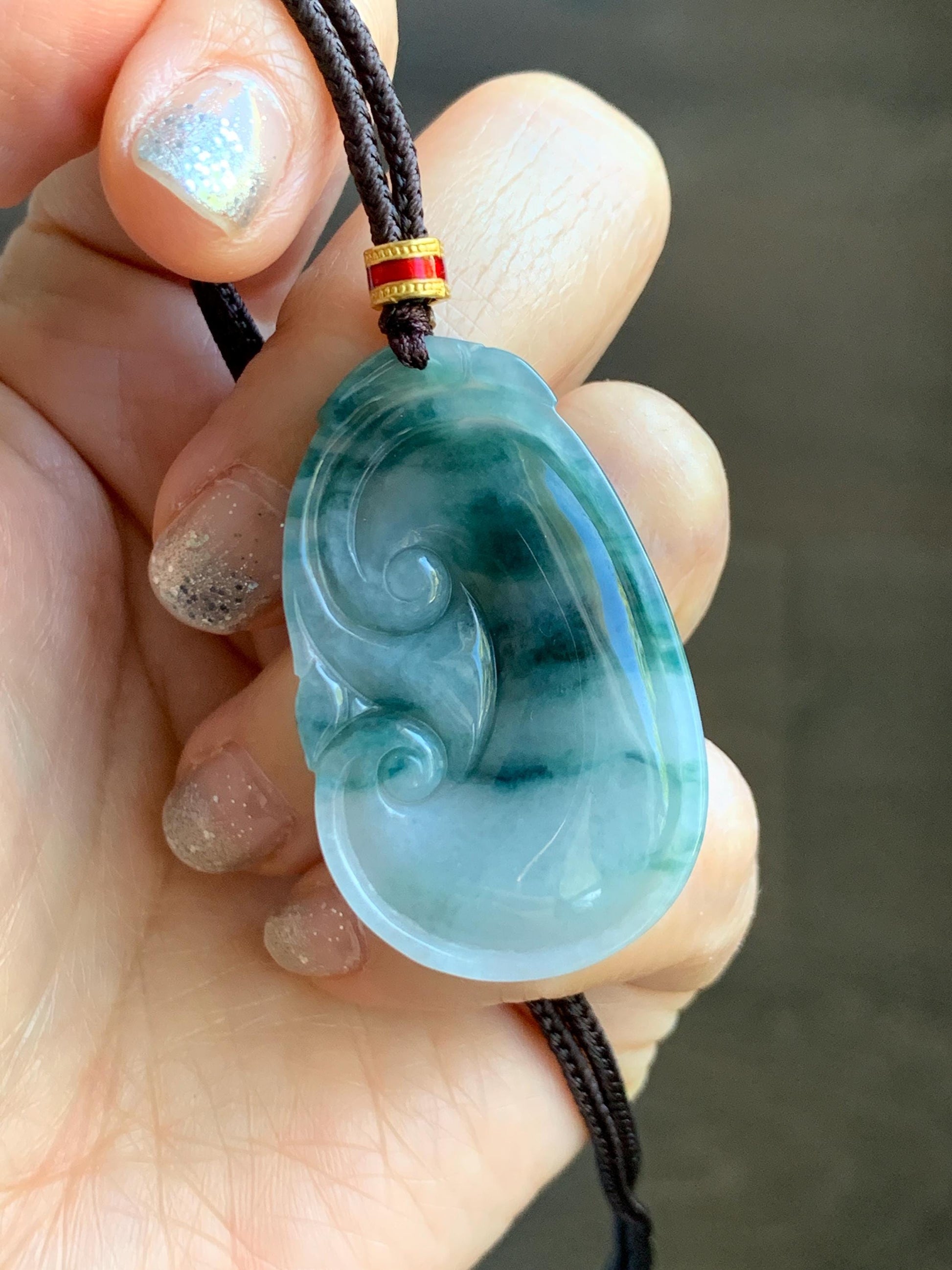 Certified Natural Grade A Icy Translucent Dark Teal Green Marbled Jade Jadeite Ruyi Pendant Rope Necklace 26” 11.7g 天然细糯飘花翡翠如意吊坠 480