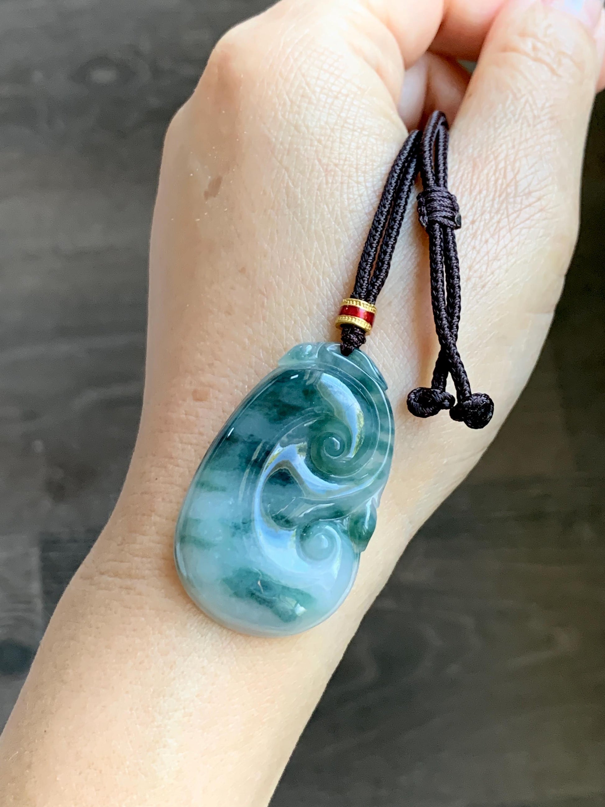 Certified Natural Grade A Icy Translucent Dark Teal Green Marbled Jade Jadeite Ruyi Pendant Rope Necklace 26” 11.7g 天然细糯飘花翡翠如意吊坠 480