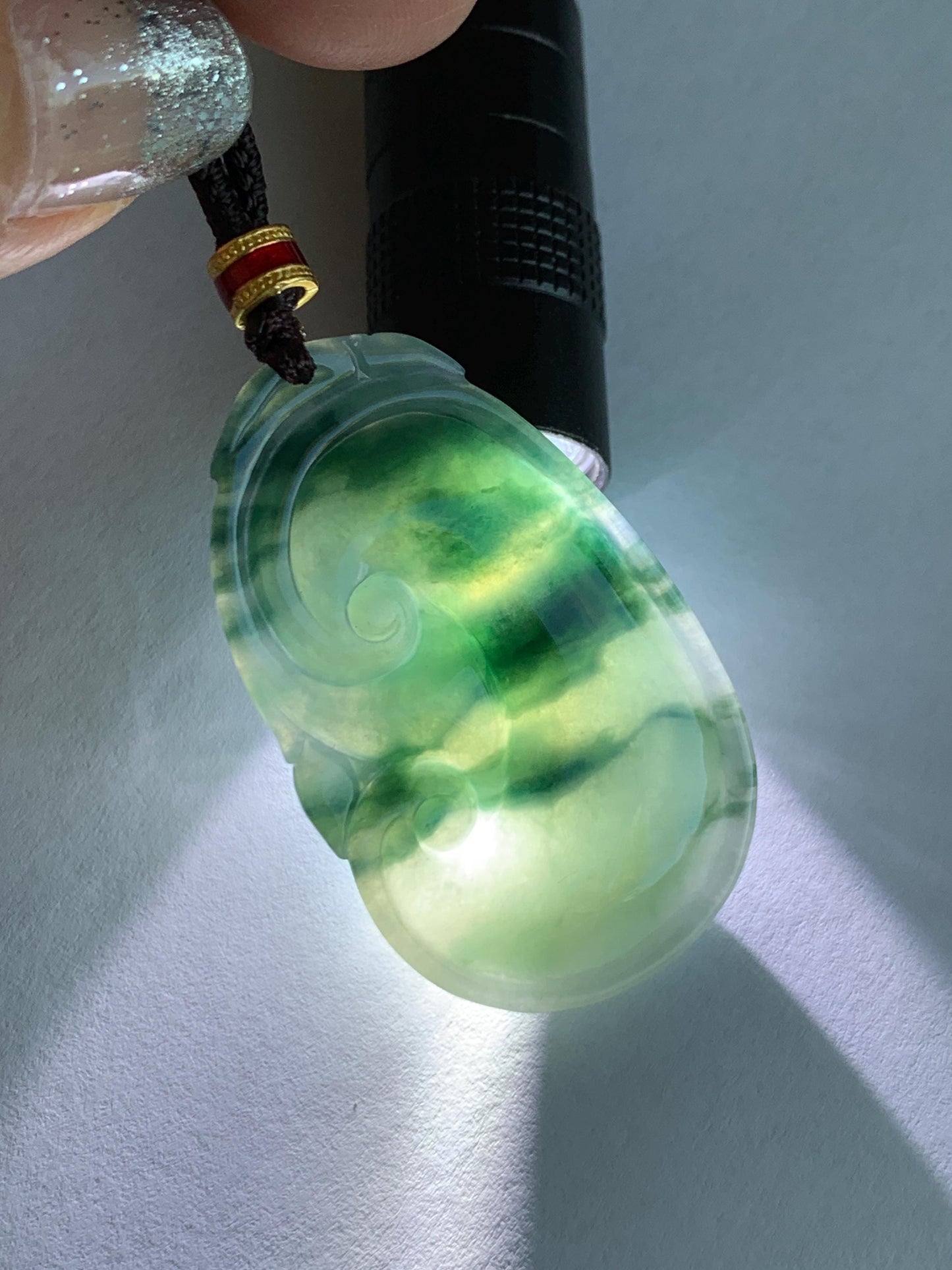 Certified Natural Grade A Icy Translucent Dark Teal Green Marbled Jade Jadeite Ruyi Pendant Rope Necklace 26” 11.7g 天然细糯飘花翡翠如意吊坠 480