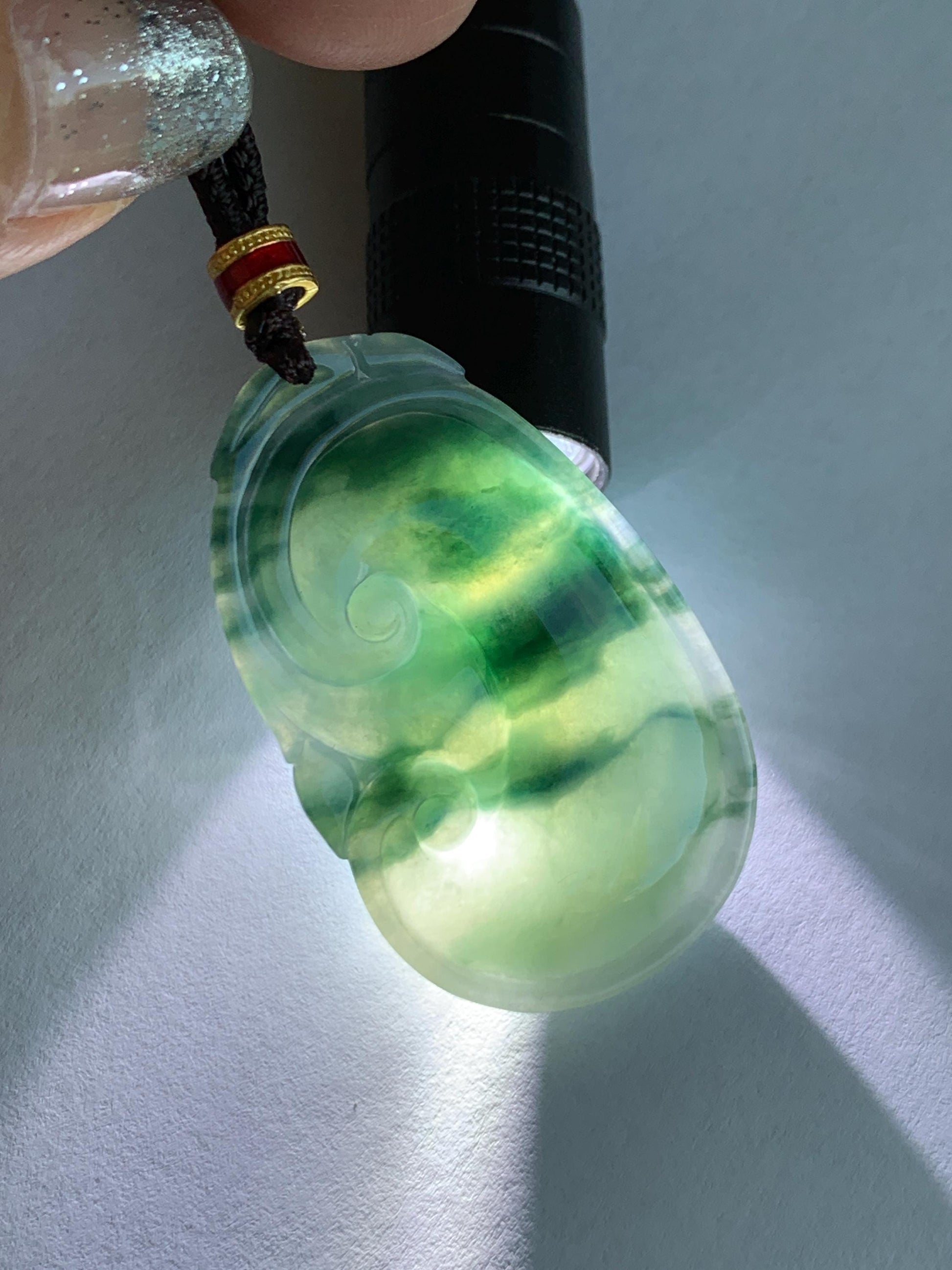 Certified Natural Grade A Icy Translucent Dark Teal Green Marbled Jade Jadeite Ruyi Pendant Rope Necklace 26” 11.7g 天然细糯飘花翡翠如意吊坠 480