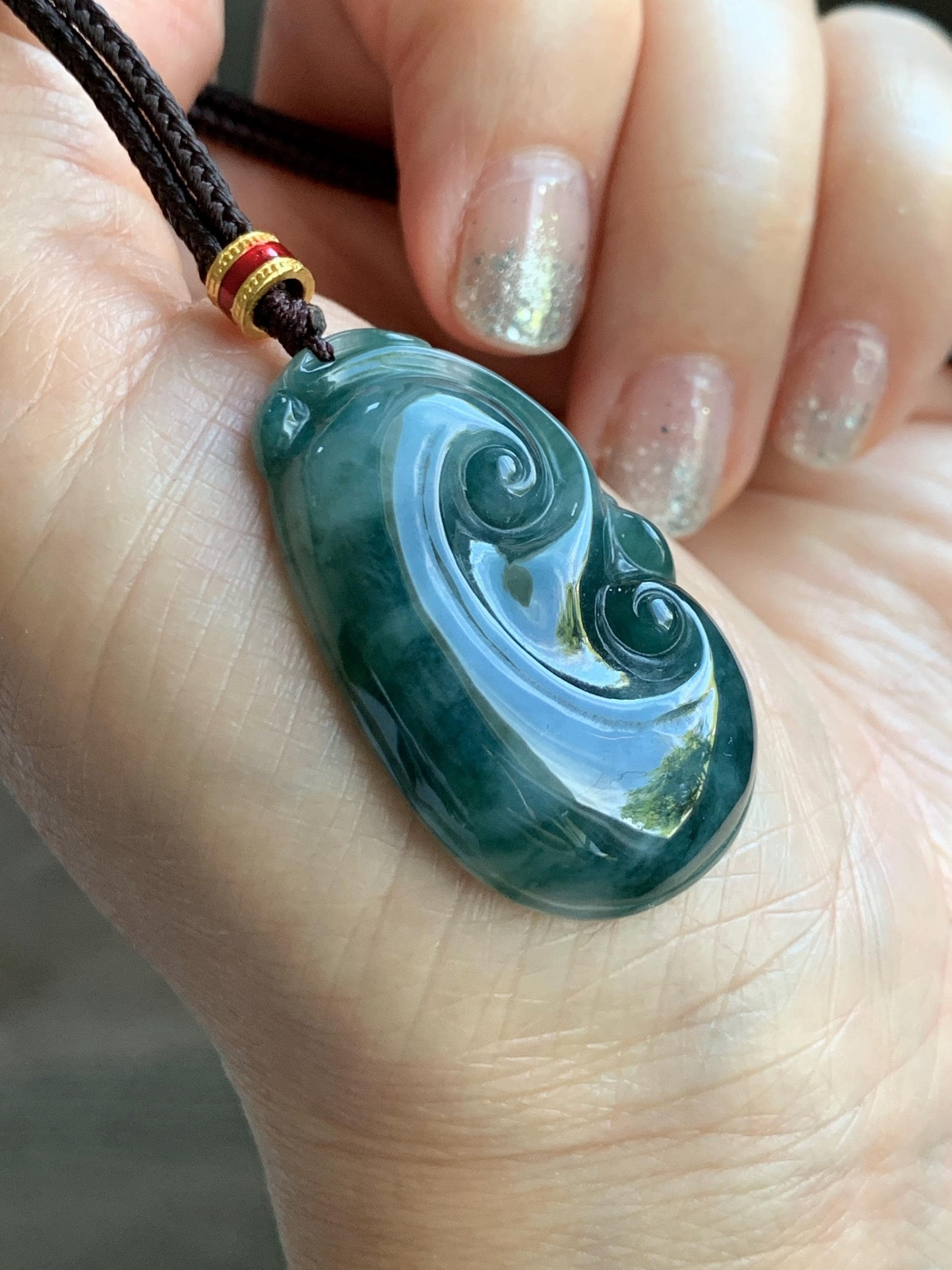 Certified Natural Grade A Icy Translucent Dark Teal Green Marbled Jade Jadeite Ruyi Pendant Rope Necklace 26” 9.8g 天然细糯飘花翡翠如意吊坠 479