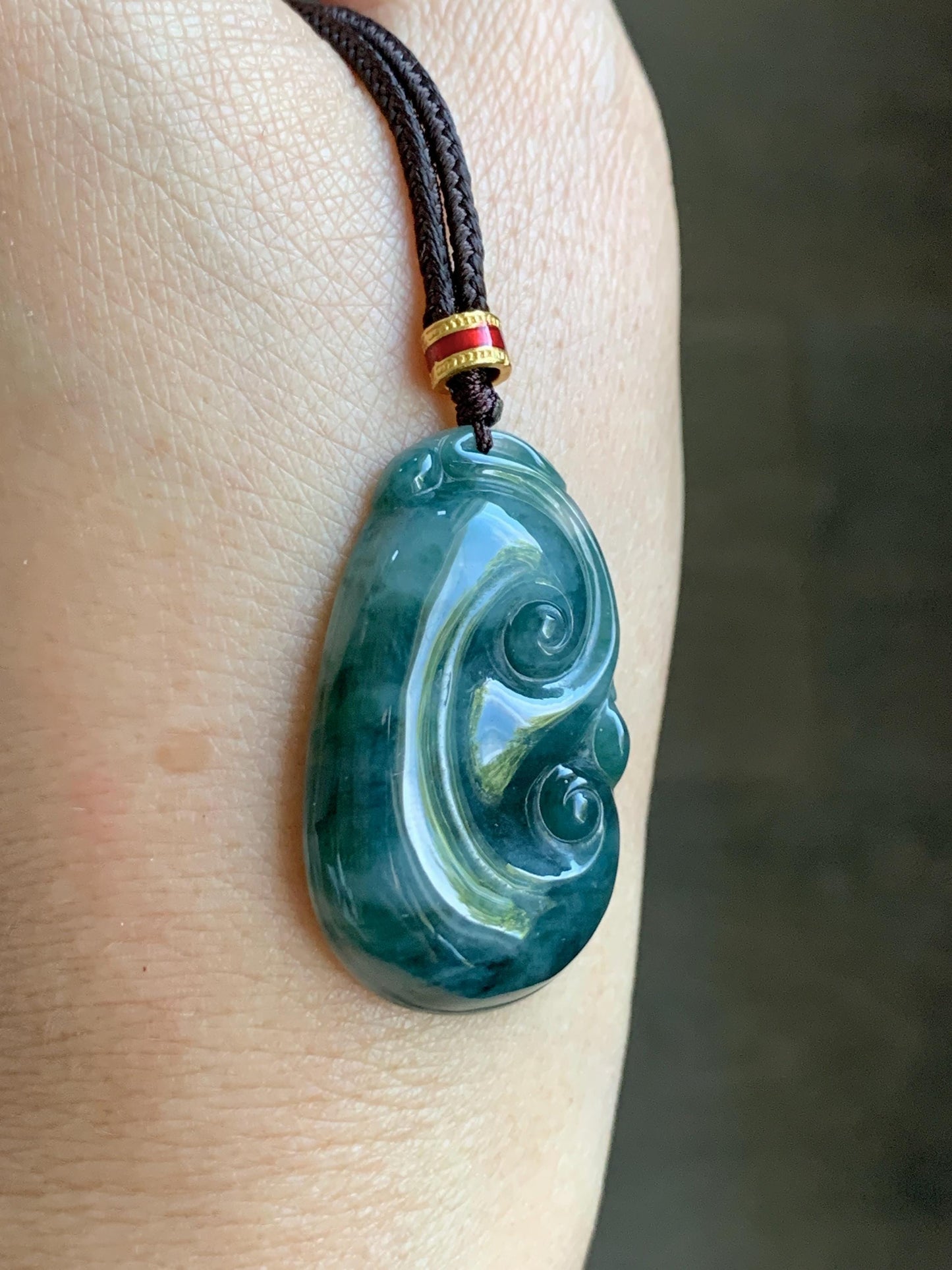 Certified Natural Grade A Icy Translucent Dark Teal Green Marbled Jade Jadeite Ruyi Pendant Rope Necklace 26” 9.8g 天然细糯飘花翡翠如意吊坠 479