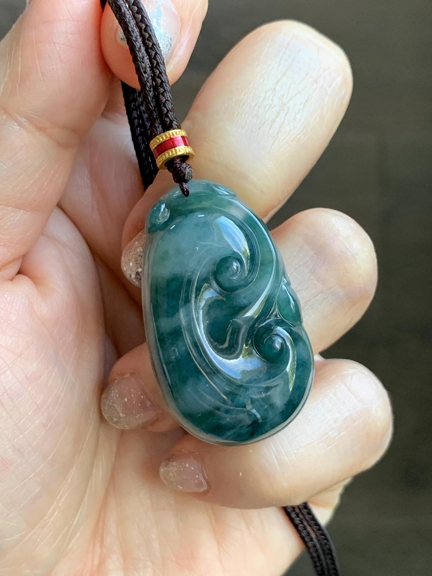 Certified Natural Grade A Icy Translucent Dark Teal Green Marbled Jade Jadeite Ruyi Pendant Rope Necklace 26” 9.8g 天然细糯飘花翡翠如意吊坠 479