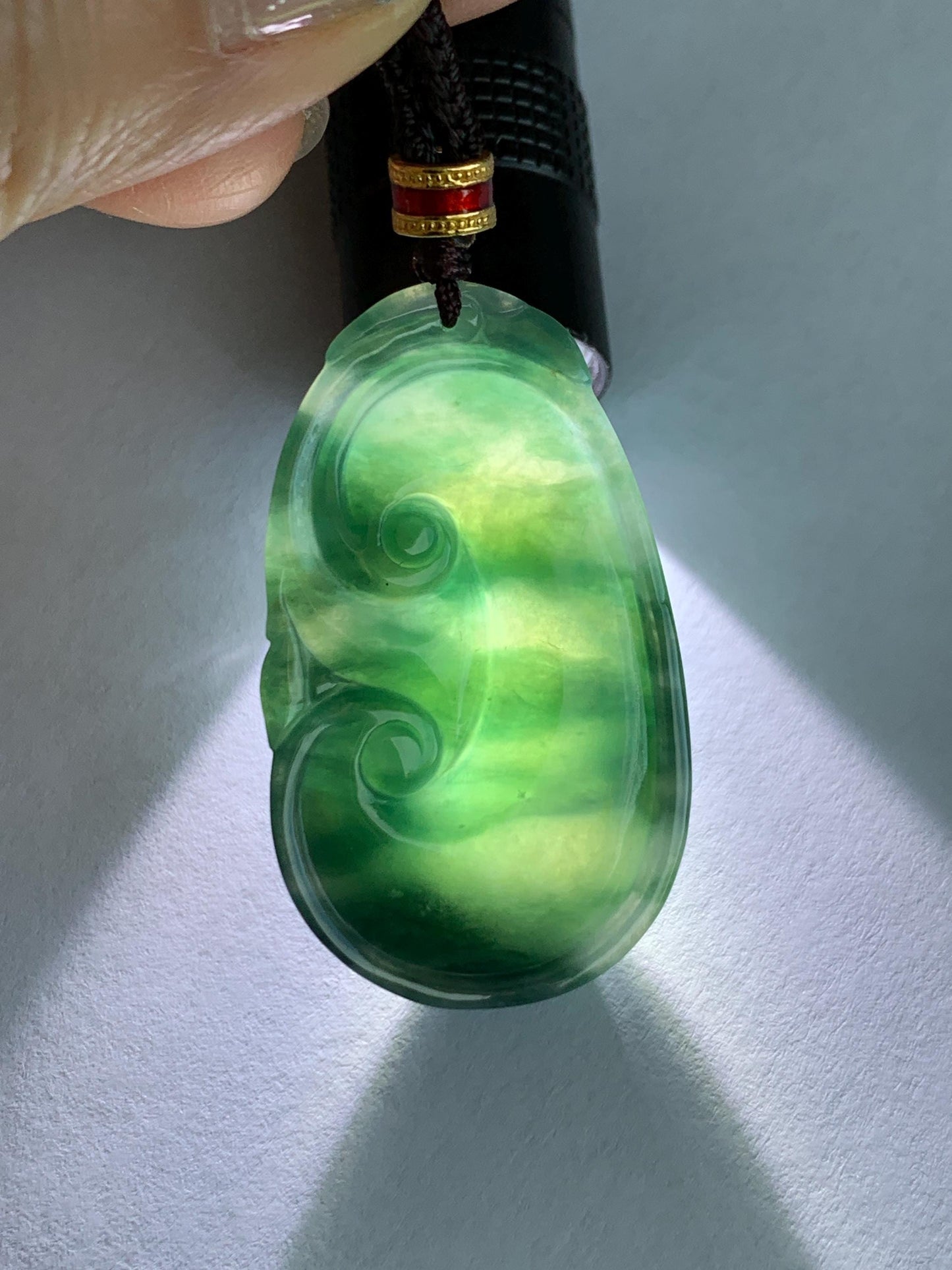 Certified Natural Grade A Icy Translucent Dark Teal Green Marbled Jade Jadeite Ruyi Pendant Rope Necklace 26” 9.8g 天然细糯飘花翡翠如意吊坠 479