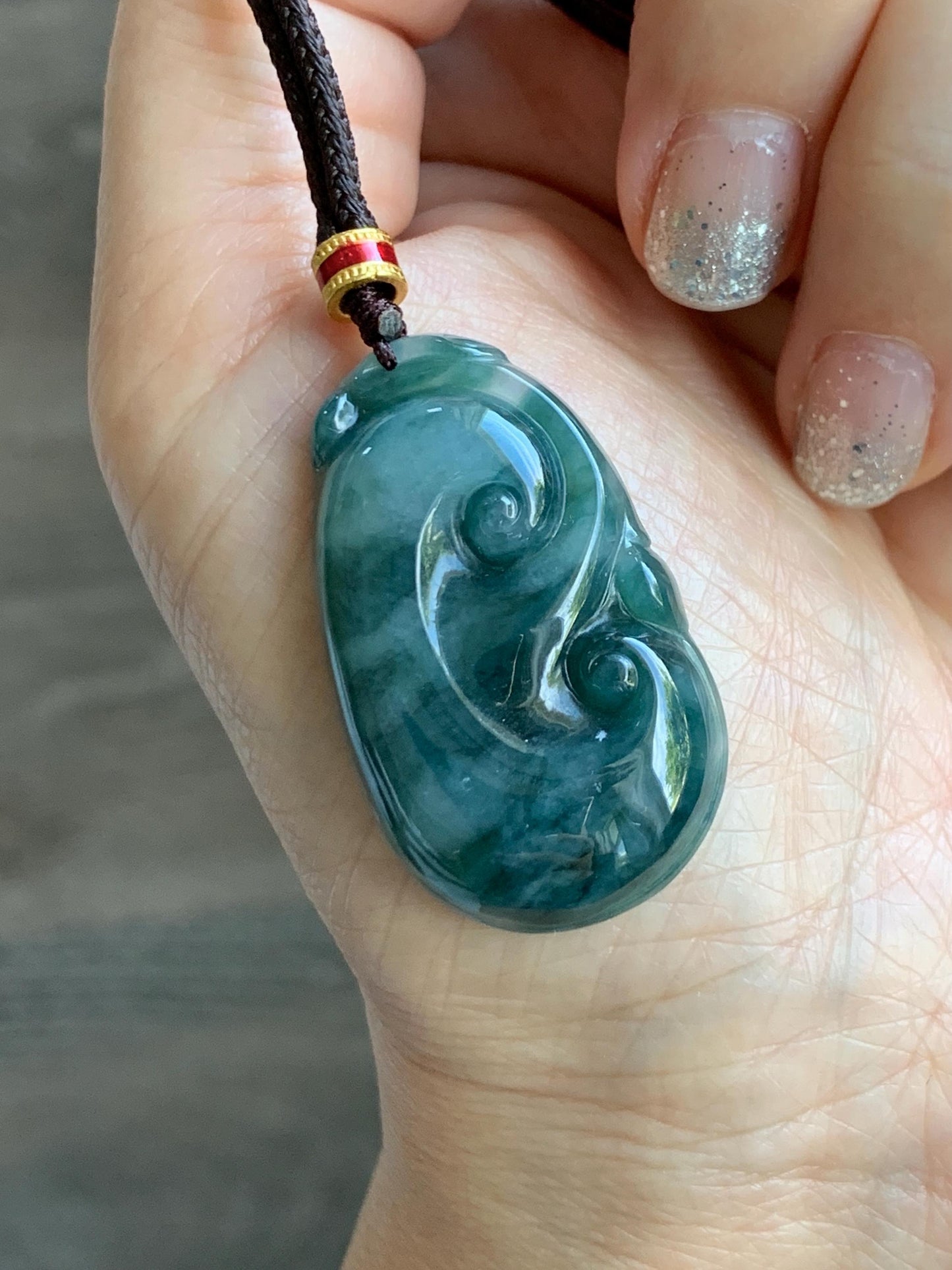 Certified Natural Grade A Icy Translucent Dark Teal Green Marbled Jade Jadeite Ruyi Pendant Rope Necklace 26” 9.8g 天然细糯飘花翡翠如意吊坠 479
