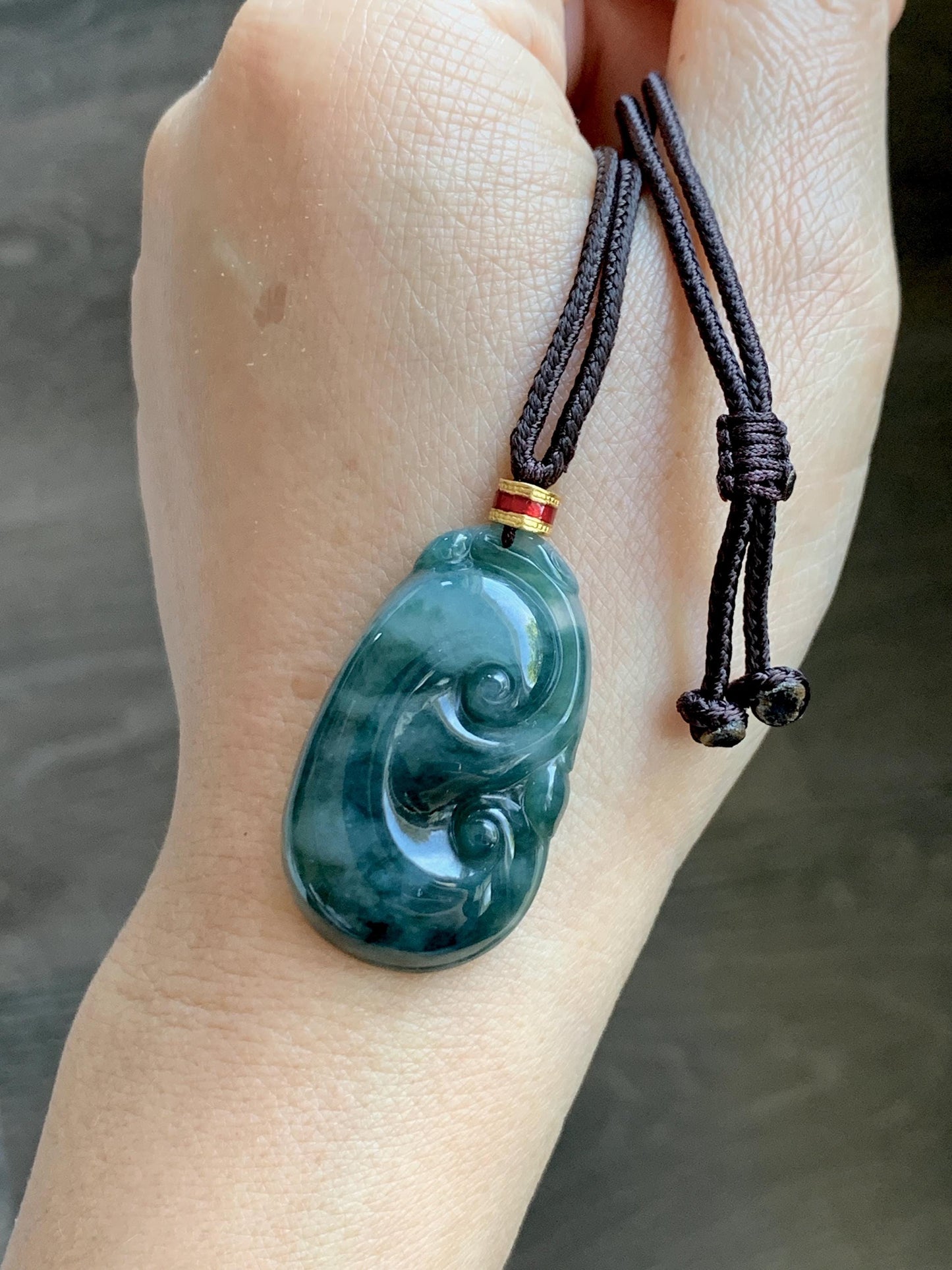Certified Natural Grade A Icy Translucent Dark Teal Green Marbled Jade Jadeite Ruyi Pendant Rope Necklace 26” 9.8g 天然细糯飘花翡翠如意吊坠 479