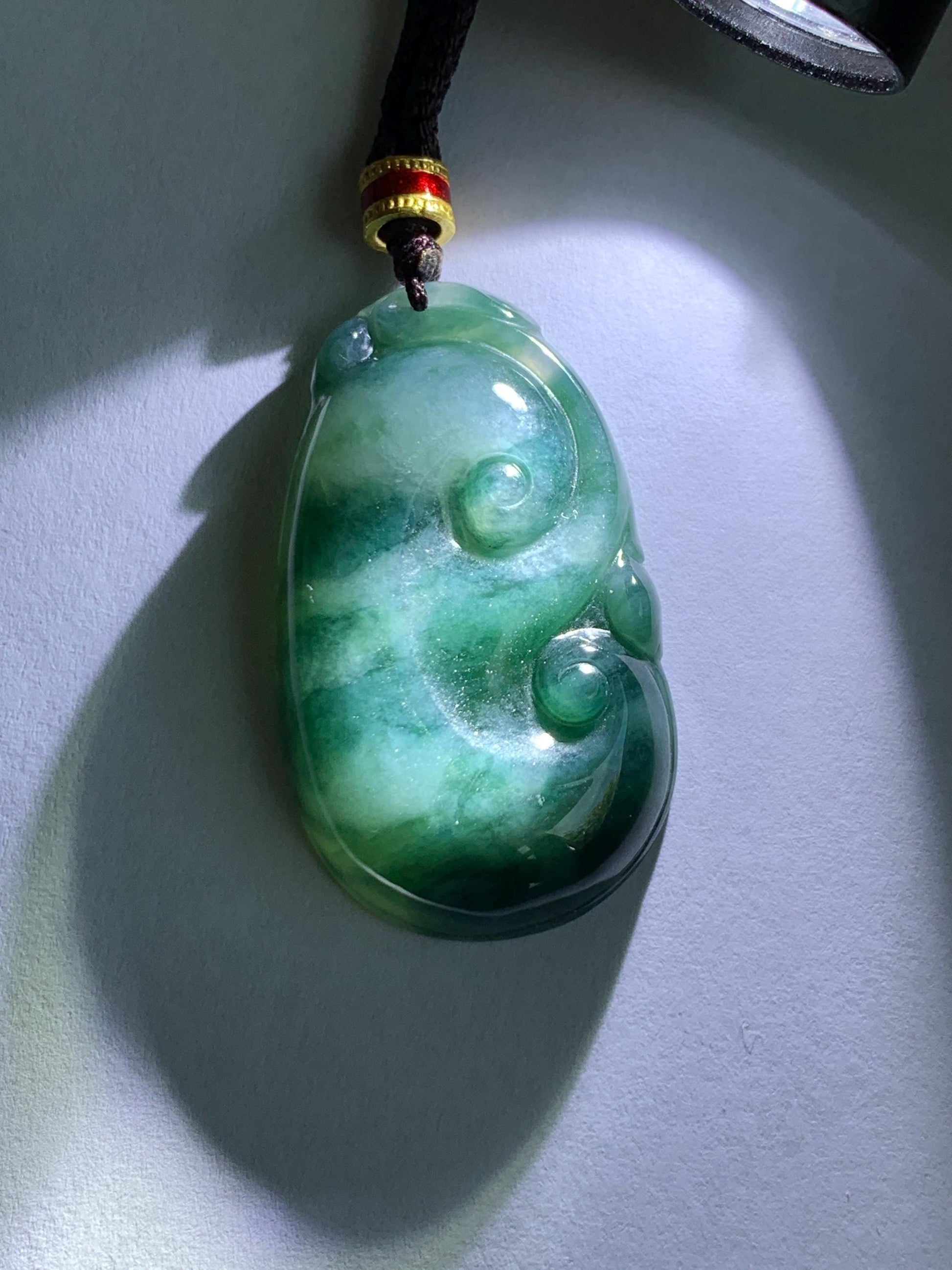 Certified Natural Grade A Icy Translucent Dark Teal Green Marbled Jade Jadeite Ruyi Pendant Rope Necklace 26” 9.8g 天然细糯飘花翡翠如意吊坠 479