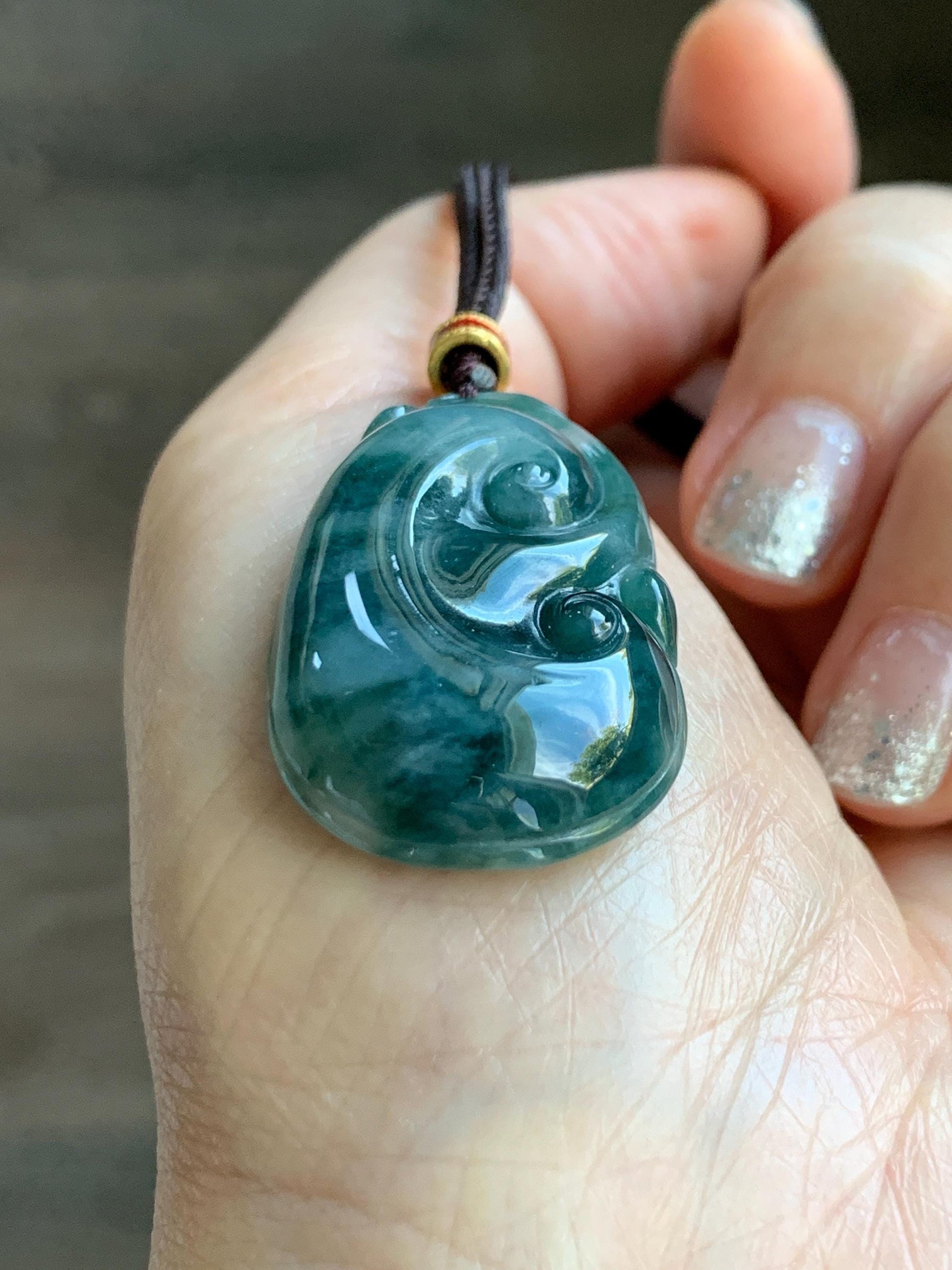 Certified Natural Grade A Icy Translucent Dark Teal Green Marbled Jade Jadeite Ruyi Pendant Rope Necklace 26” 9.8g 天然细糯飘花翡翠如意吊坠 479