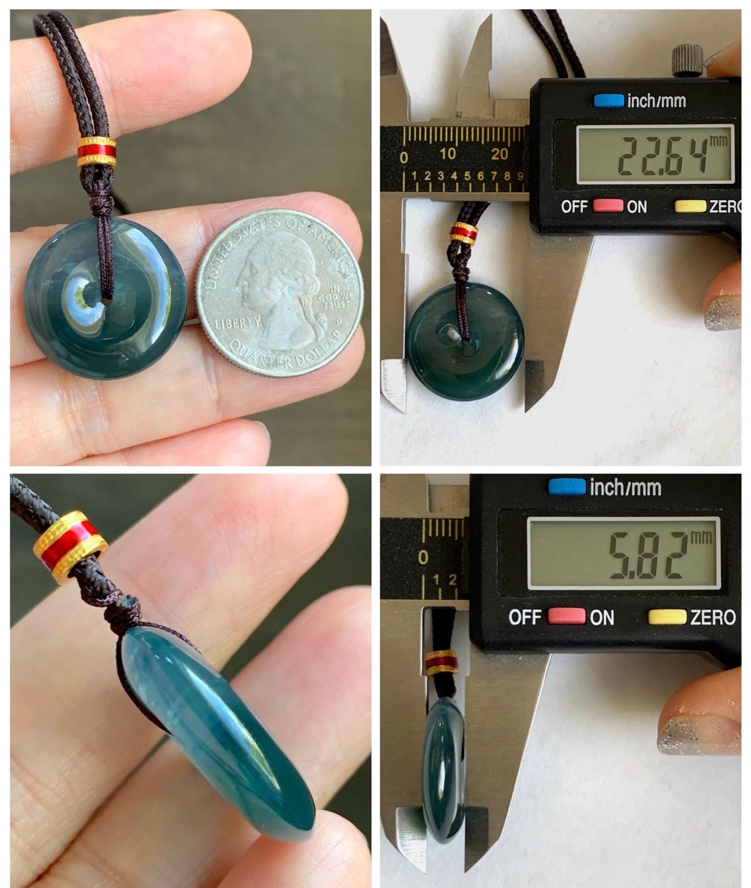 Natural Grade A Guatemalan Icy Translucent Dark Teal Blue Jade Jadeite Ping An Kou Donut Pendant Rope Necklace 26” 8g 天然冰危深蓝绿翡翠平安扣吊坠 WPK330B