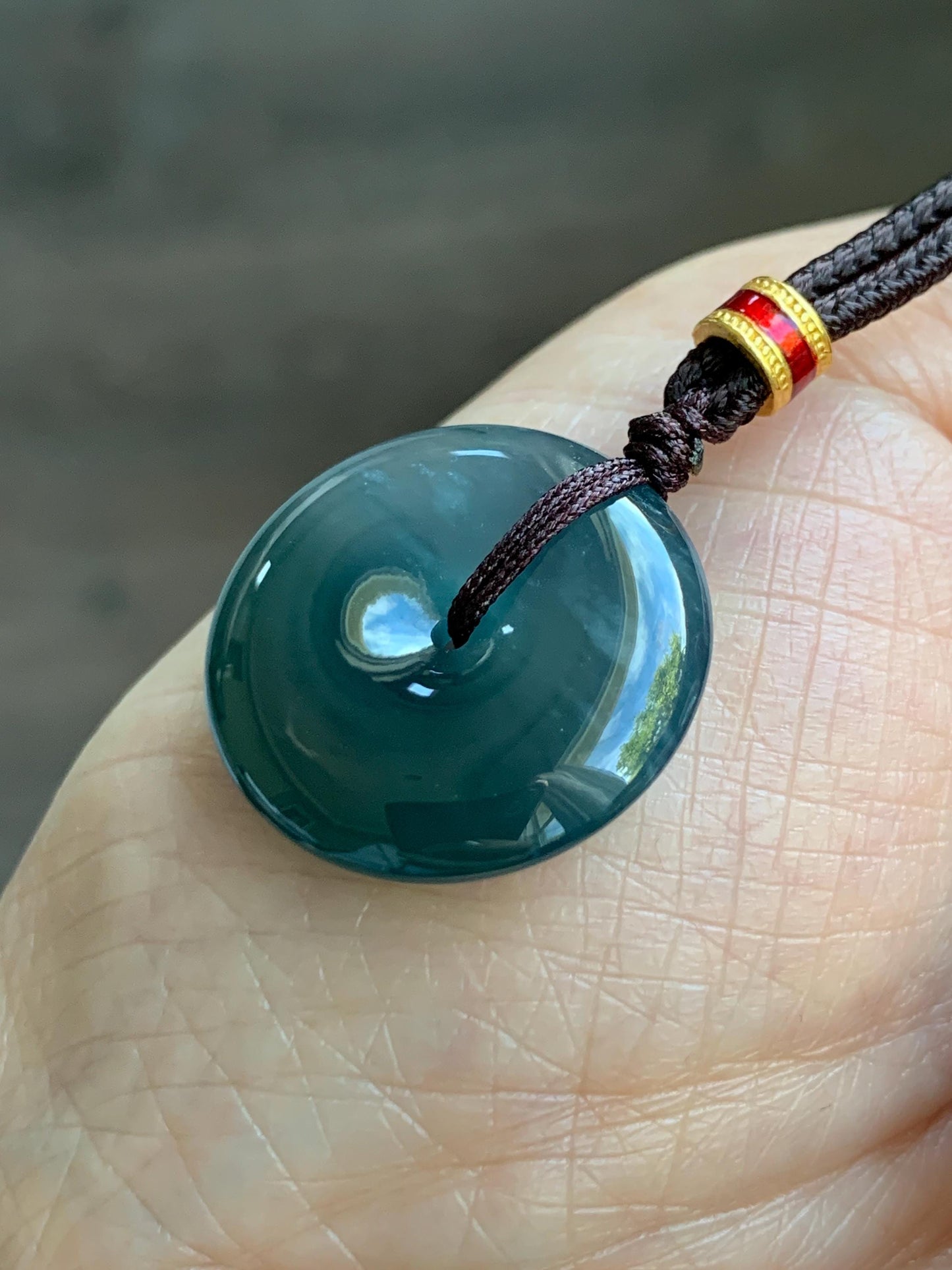 Natural Grade A Guatemalan Icy Translucent Dark Teal Blue Jade Jadeite Ping An Kou Donut Pendant Rope Necklace 26” 8g 天然冰危深蓝绿翡翠平安扣吊坠 WPK330B