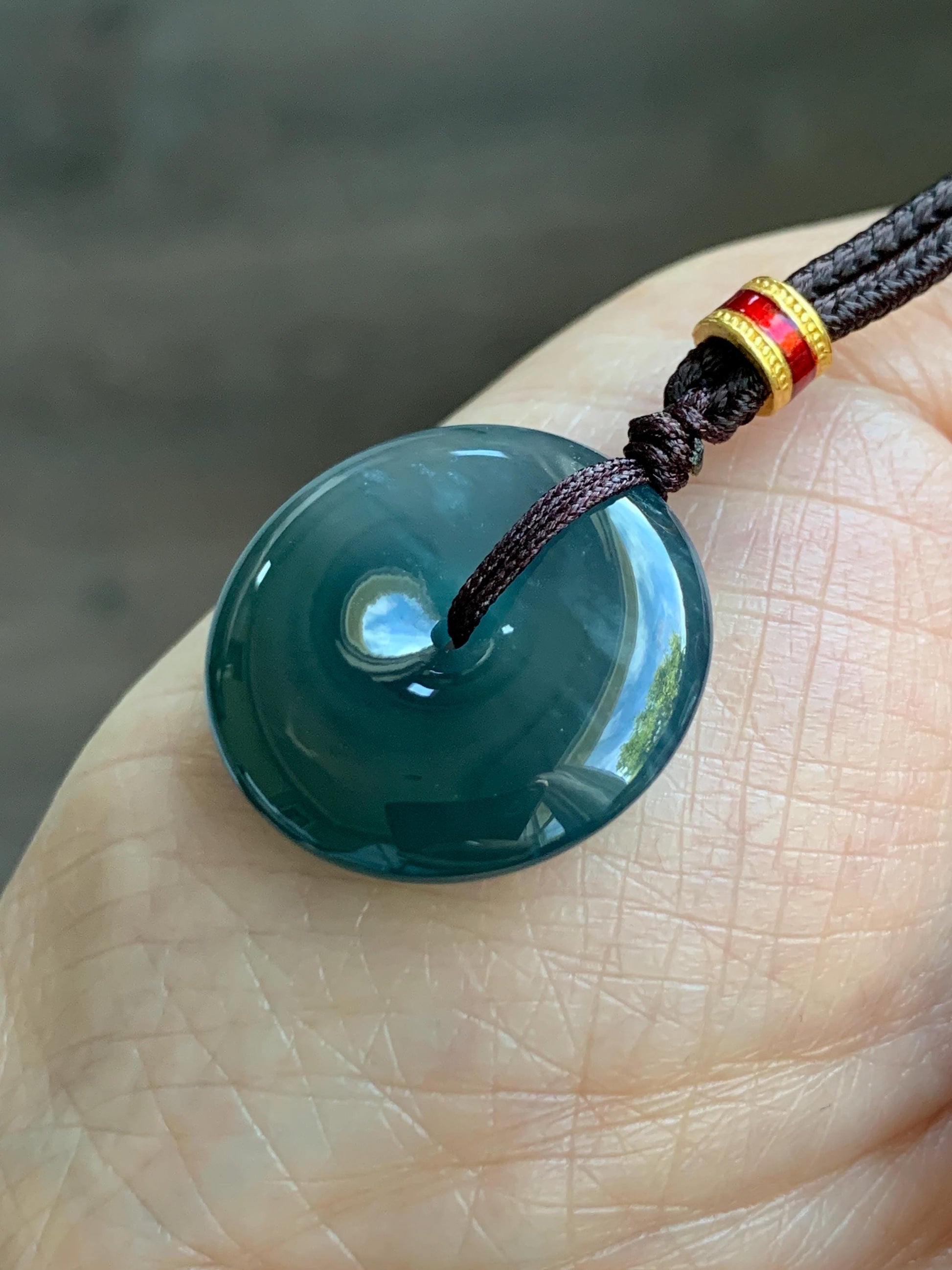 Natural Grade A Guatemalan Icy Translucent Dark Teal Blue Jade Jadeite Ping An Kou Donut Pendant Rope Necklace 26” 8g 天然冰危深蓝绿翡翠平安扣吊坠 WPK330B