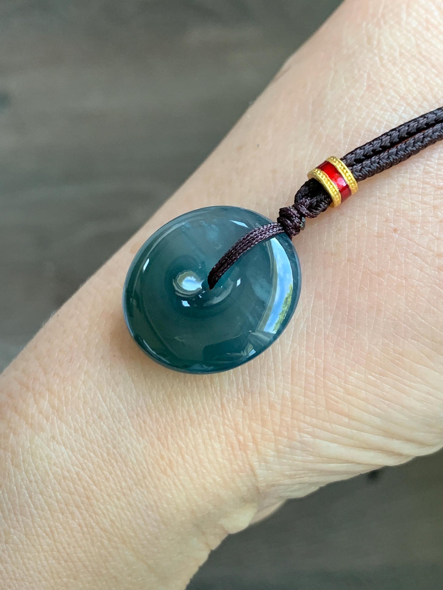 Natural Grade A Guatemalan Icy Translucent Dark Teal Blue Jade Jadeite Ping An Kou Donut Pendant Rope Necklace 26” 8g 天然冰危深蓝绿翡翠平安扣吊坠 WPK330B