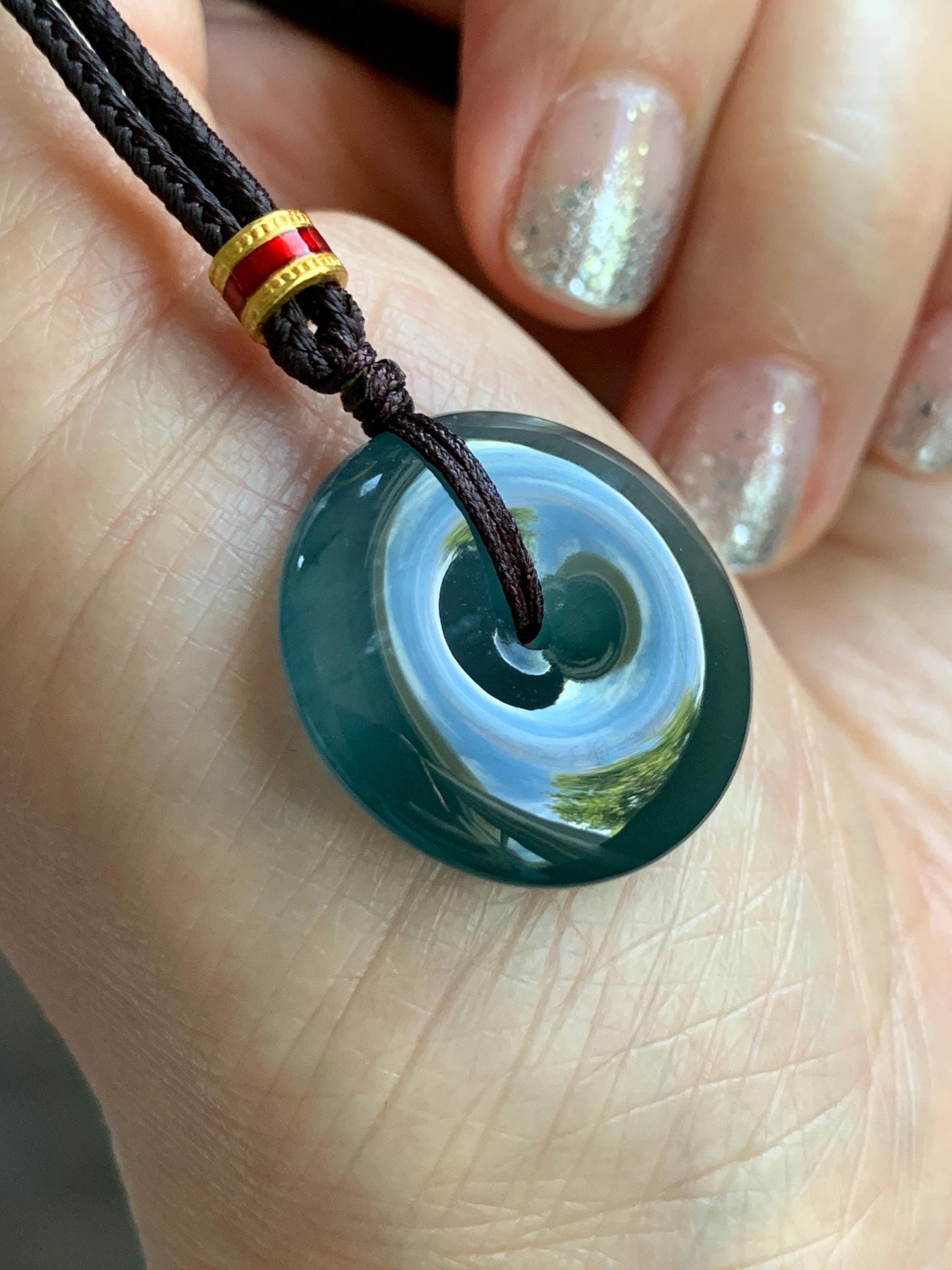 Natural Grade A Guatemalan Icy Translucent Dark Teal Blue Jade Jadeite Ping An Kou Donut Pendant Rope Necklace 26” 8g 天然冰危深蓝绿翡翠平安扣吊坠 WPK330B