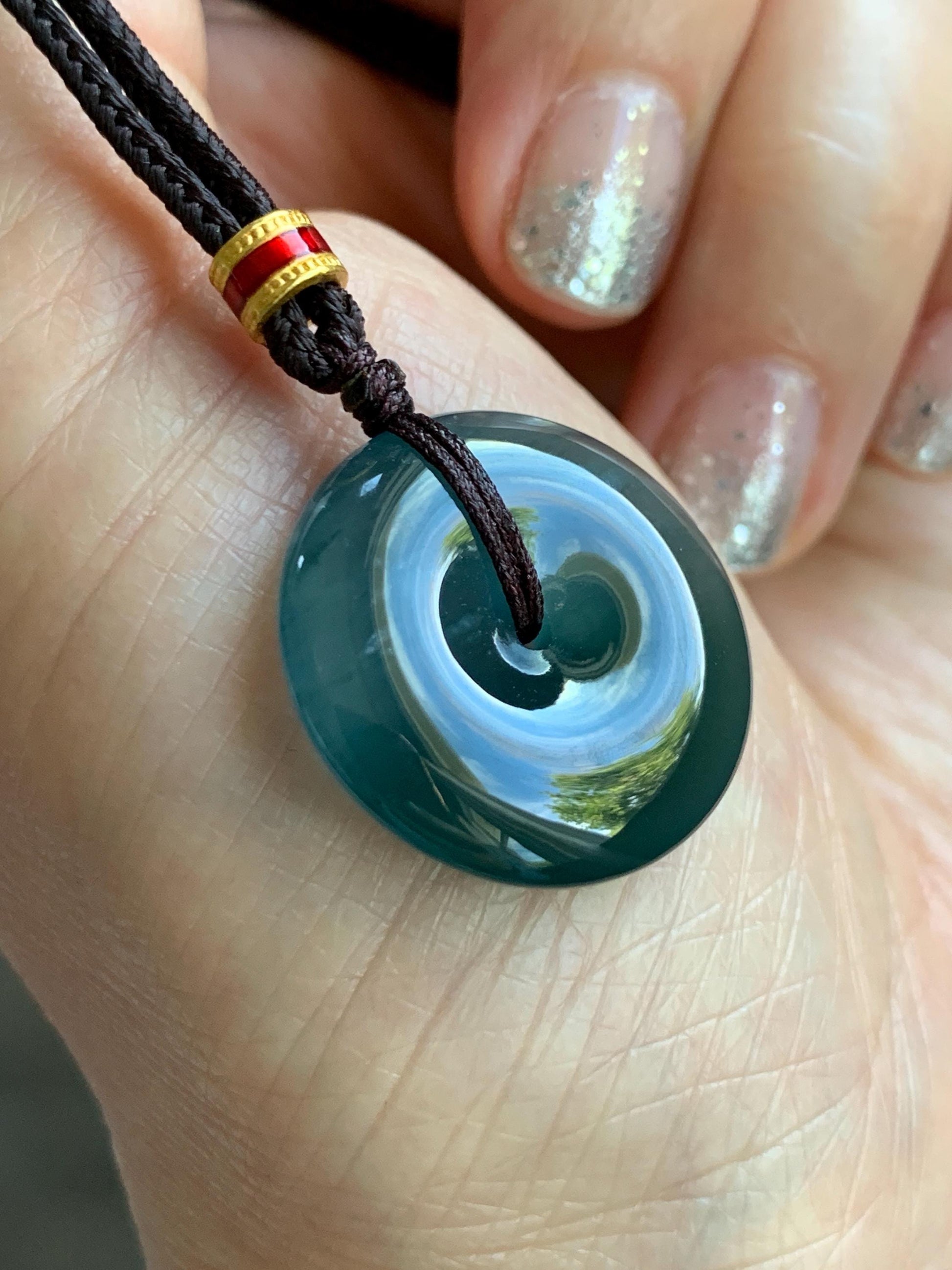 Natural Grade A Guatemalan Icy Translucent Dark Teal Blue Jade Jadeite Ping An Kou Donut Pendant Rope Necklace 26” 8g 天然冰危深蓝绿翡翠平安扣吊坠 WPK330B