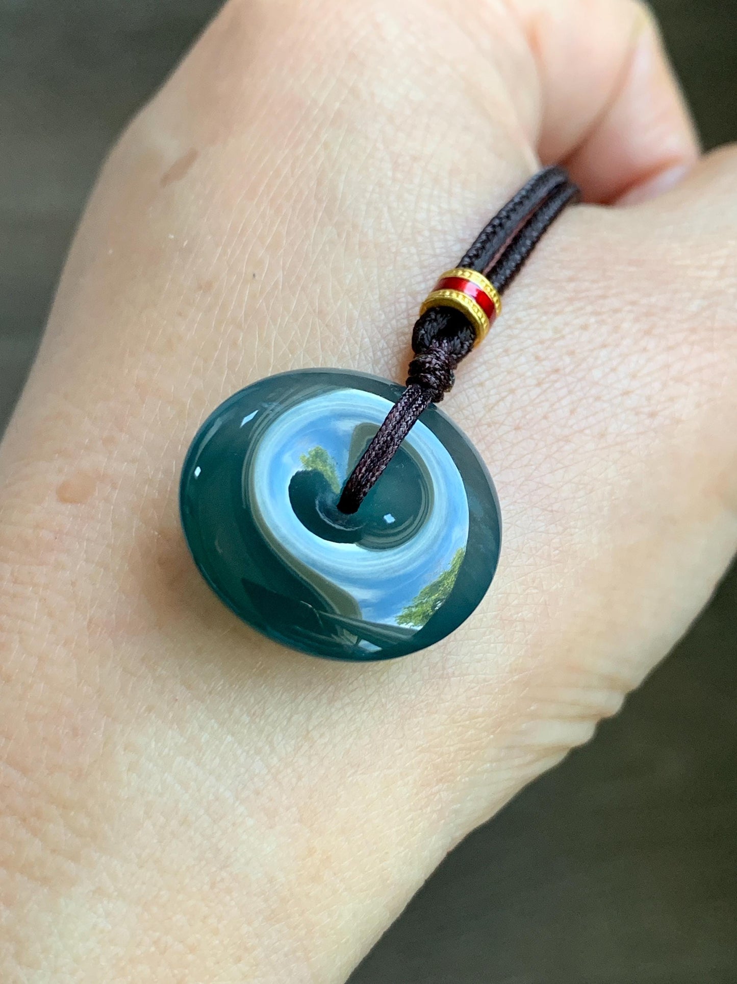 Natural Grade A Guatemalan Icy Translucent Dark Teal Blue Jade Jadeite Ping An Kou Donut Pendant Rope Necklace 26” 8g 天然冰危深蓝绿翡翠平安扣吊坠 WPK330B