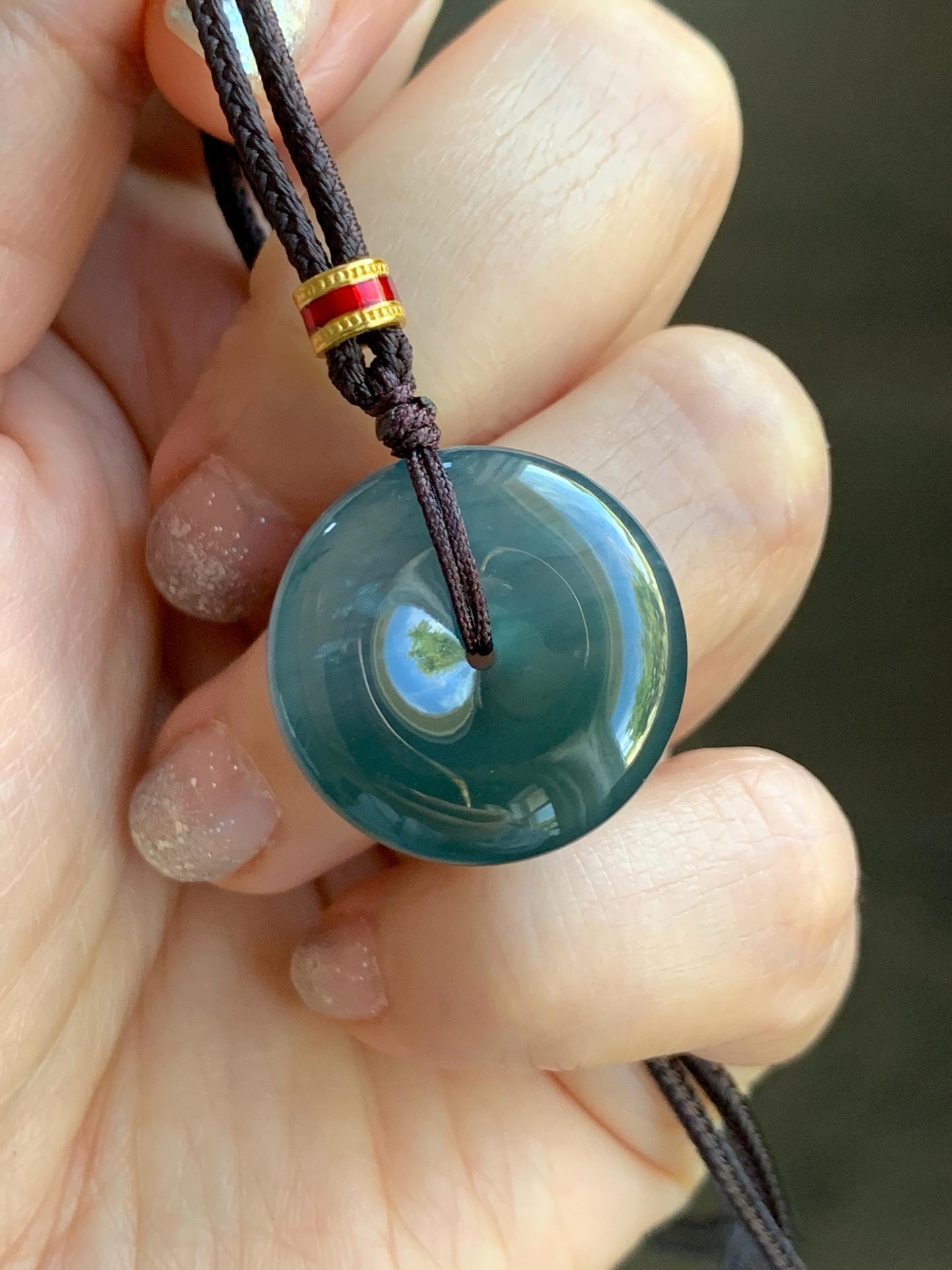 Natural Grade A Guatemalan Icy Translucent Dark Teal Blue Jade Jadeite Ping An Kou Donut Pendant Rope Necklace 26” 8g 天然冰危深蓝绿翡翠平安扣吊坠 WPK330B