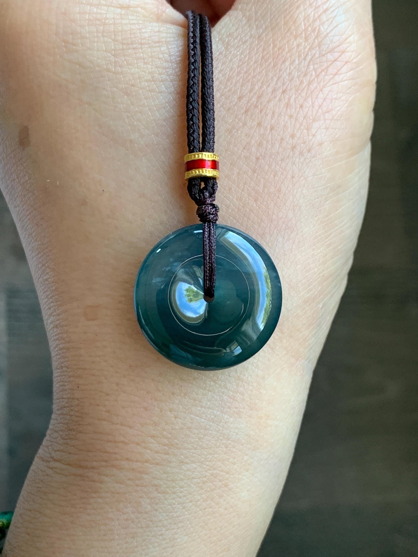 Natural Grade A Guatemalan Icy Translucent Dark Teal Blue Jade Jadeite Ping An Kou Donut Pendant Rope Necklace 26” 8g 天然冰危深蓝绿翡翠平安扣吊坠 WPK330B