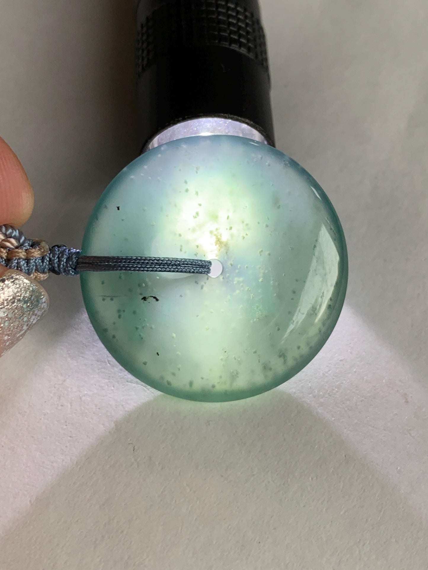 Natural Grade A Guatemalan Icy Translucent Dark Teal Blue Jade Jadeite Ping An Kou Donut Pendant Rope Necklace 27” 11g 天然冰危深蓝绿翡翠平安扣吊坠WPK330C
