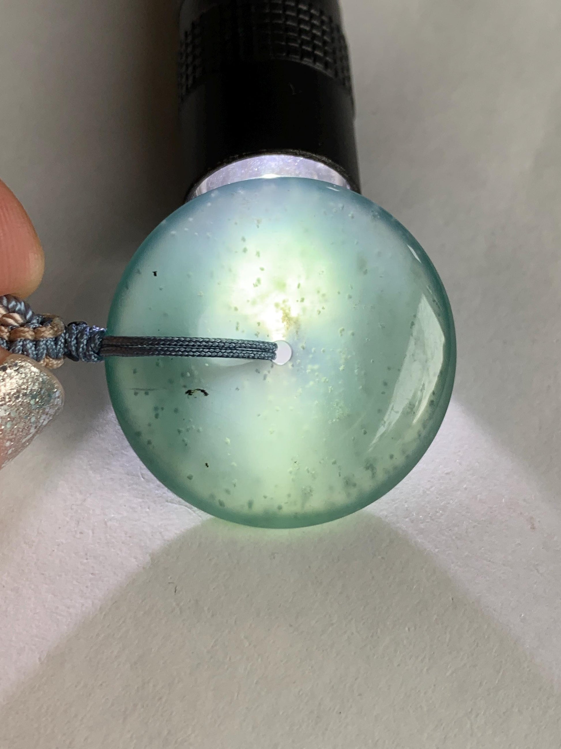 Natural Grade A Guatemalan Icy Translucent Dark Teal Blue Jade Jadeite Ping An Kou Donut Pendant Rope Necklace 27” 11g 天然冰危深蓝绿翡翠平安扣吊坠WPK330C