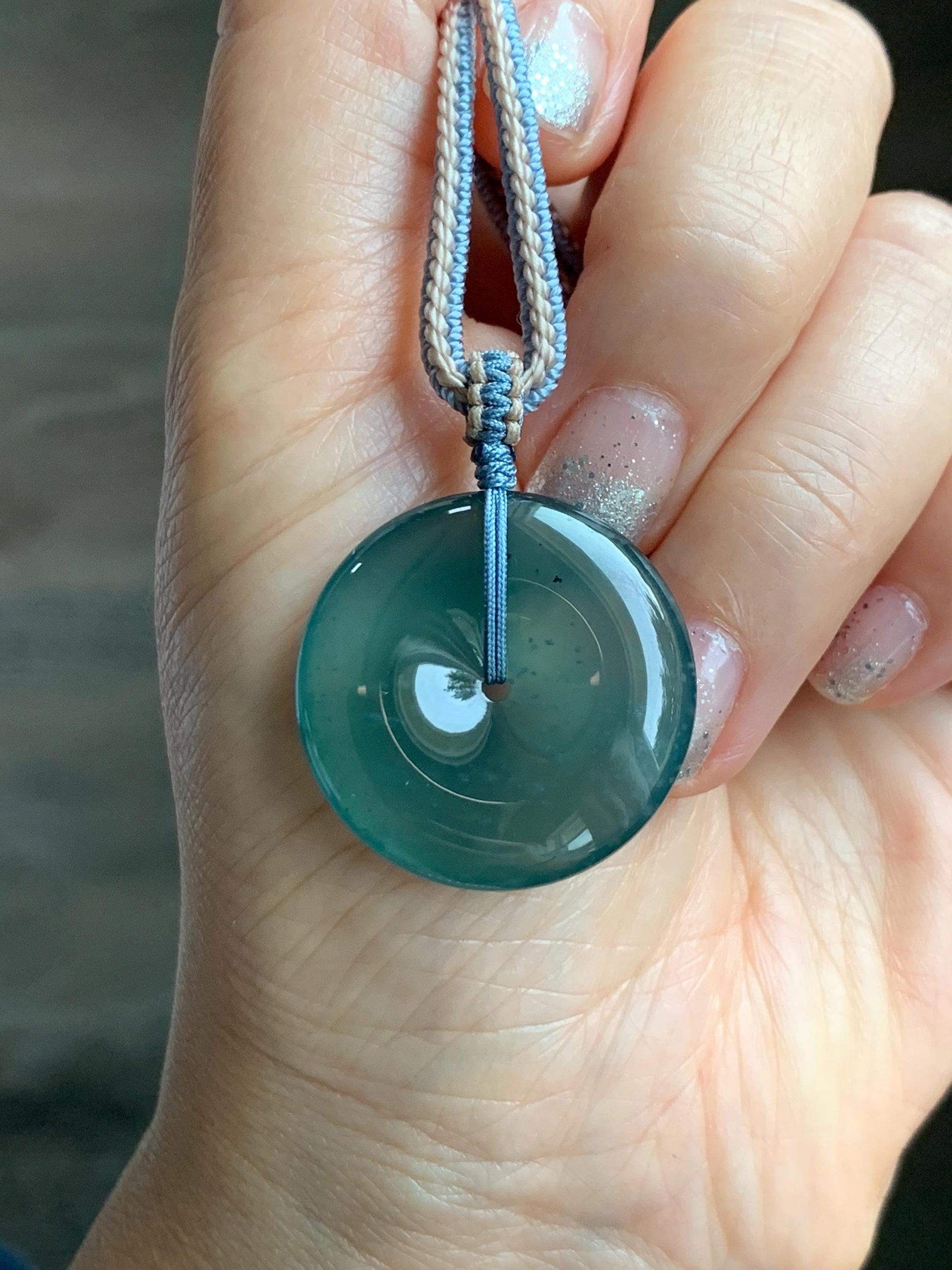 Natural Grade A Guatemalan Icy Translucent Dark Teal Blue Jade Jadeite Ping An Kou Donut Pendant Rope Necklace 27” 11g 天然冰危深蓝绿翡翠平安扣吊坠WPK330C