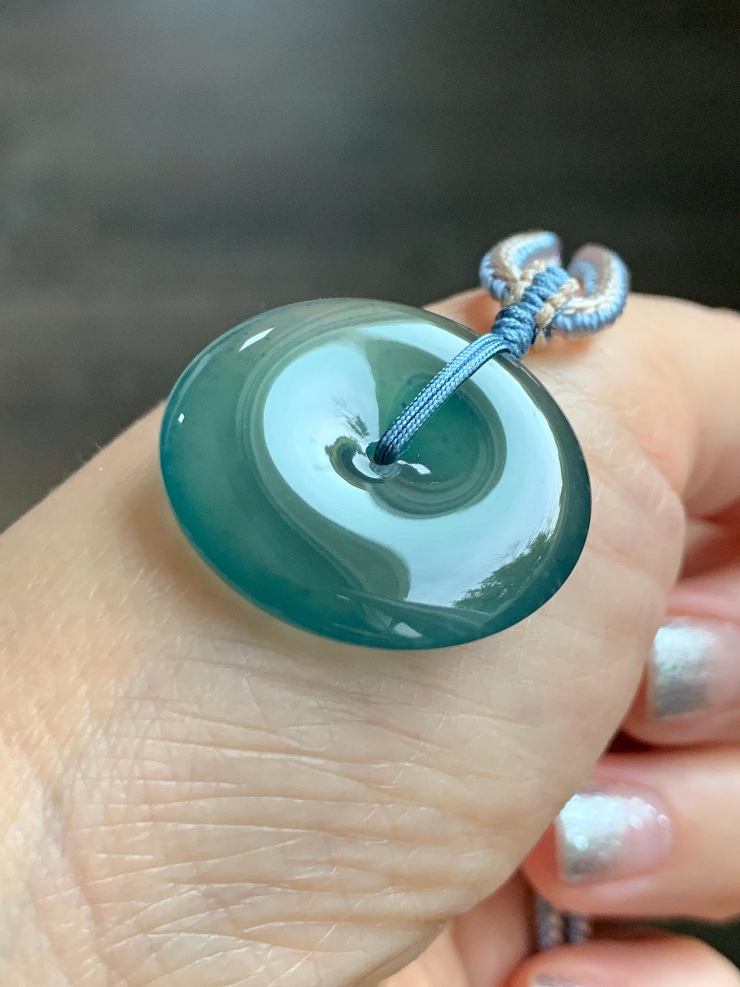 Natural Grade A Guatemalan Icy Translucent Dark Teal Blue Jade Jadeite Ping An Kou Donut Pendant Rope Necklace 27” 11g 天然冰危深蓝绿翡翠平安扣吊坠WPK330C