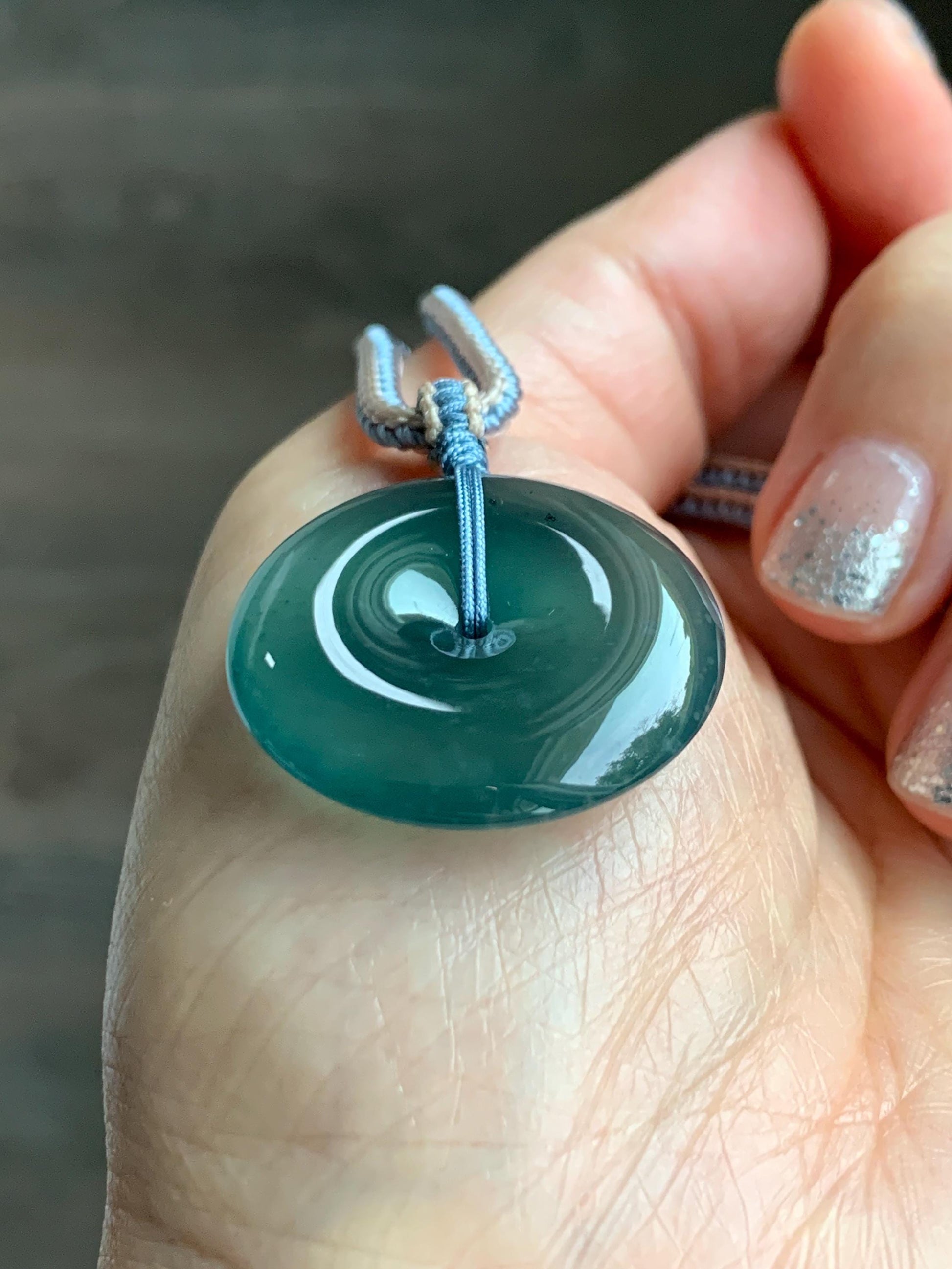 Natural Grade A Guatemalan Icy Translucent Dark Teal Blue Jade Jadeite Ping An Kou Donut Pendant Rope Necklace 27” 11g 天然冰危深蓝绿翡翠平安扣吊坠WPK330C