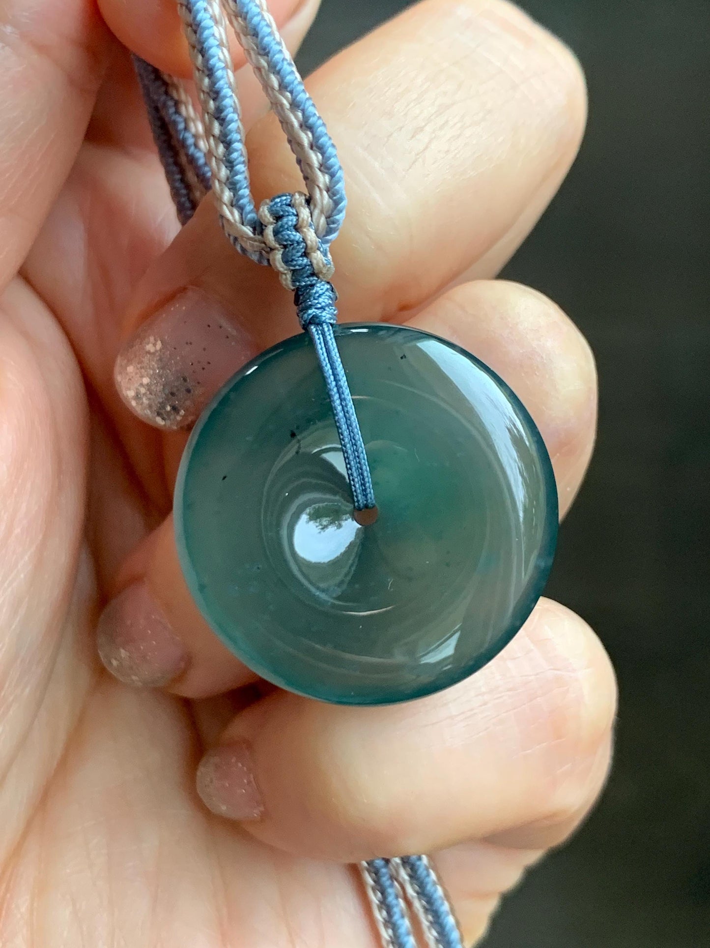 Natural Grade A Guatemalan Icy Translucent Dark Teal Blue Jade Jadeite Ping An Kou Donut Pendant Rope Necklace 27” 11g 天然冰危深蓝绿翡翠平安扣吊坠WPK330C