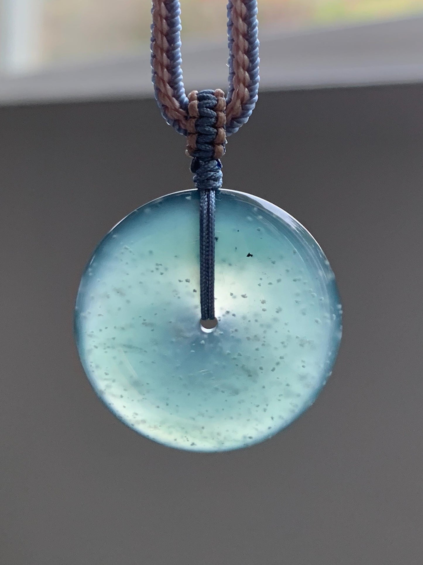 Natural Grade A Guatemalan Icy Translucent Dark Teal Blue Jade Jadeite Ping An Kou Donut Pendant Rope Necklace 27” 11g 天然冰危深蓝绿翡翠平安扣吊坠WPK330C