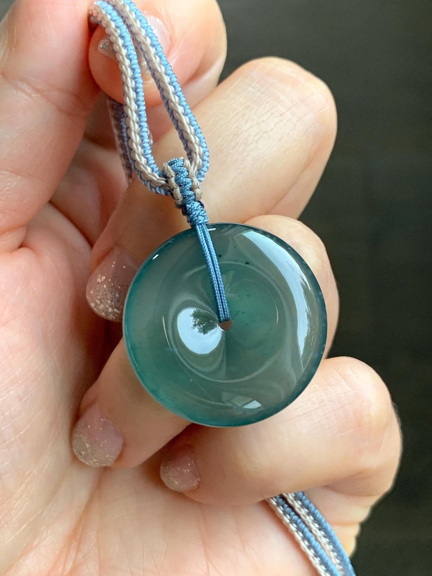 Natural Grade A Guatemalan Icy Translucent Dark Teal Blue Jade Jadeite Ping An Kou Donut Pendant Rope Necklace 27” 11g 天然冰危深蓝绿翡翠平安扣吊坠WPK330C