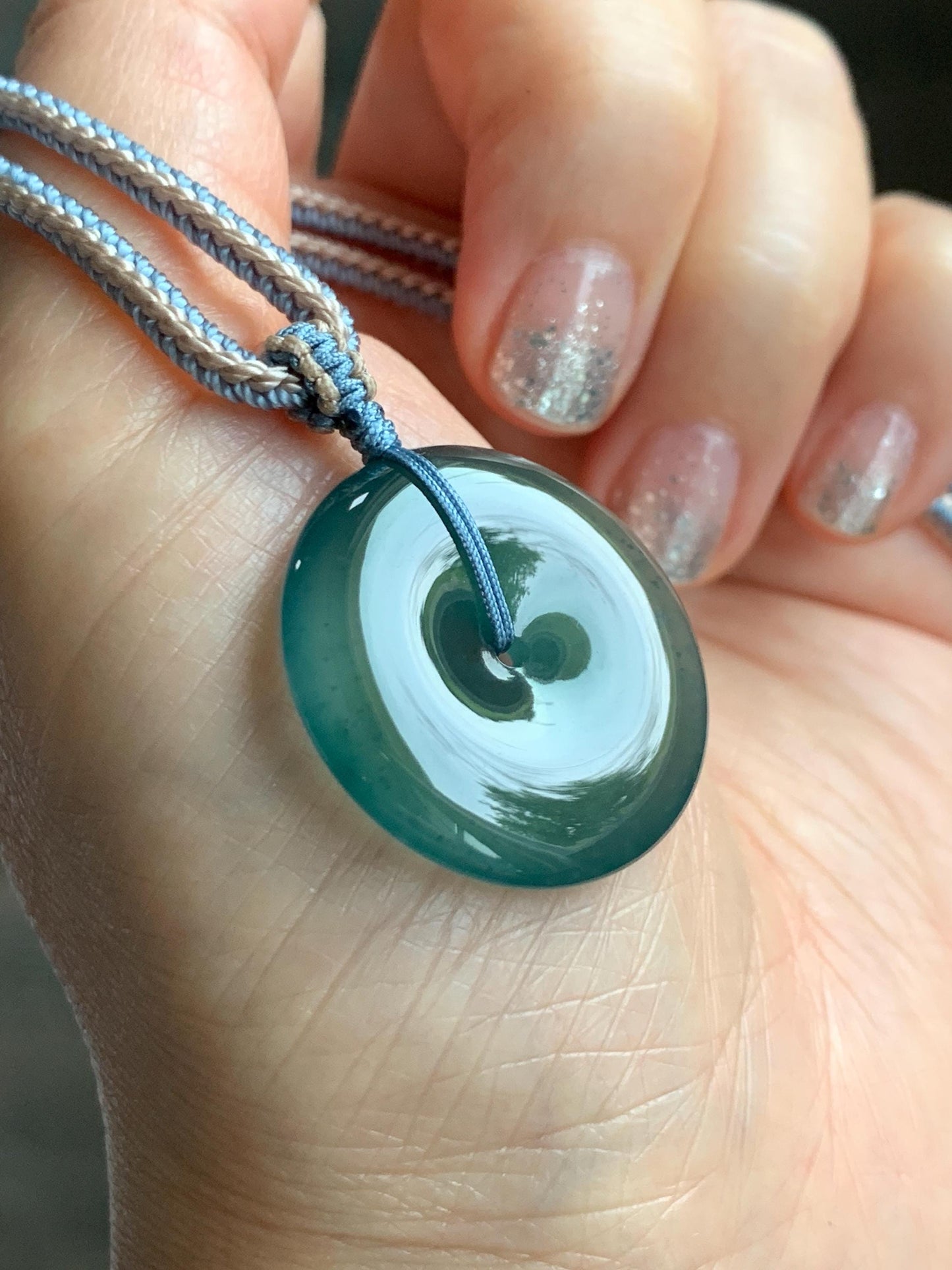 Natural Grade A Guatemalan Icy Translucent Dark Teal Blue Jade Jadeite Ping An Kou Donut Pendant Rope Necklace 27” 11g 天然冰危深蓝绿翡翠平安扣吊坠WPK330C