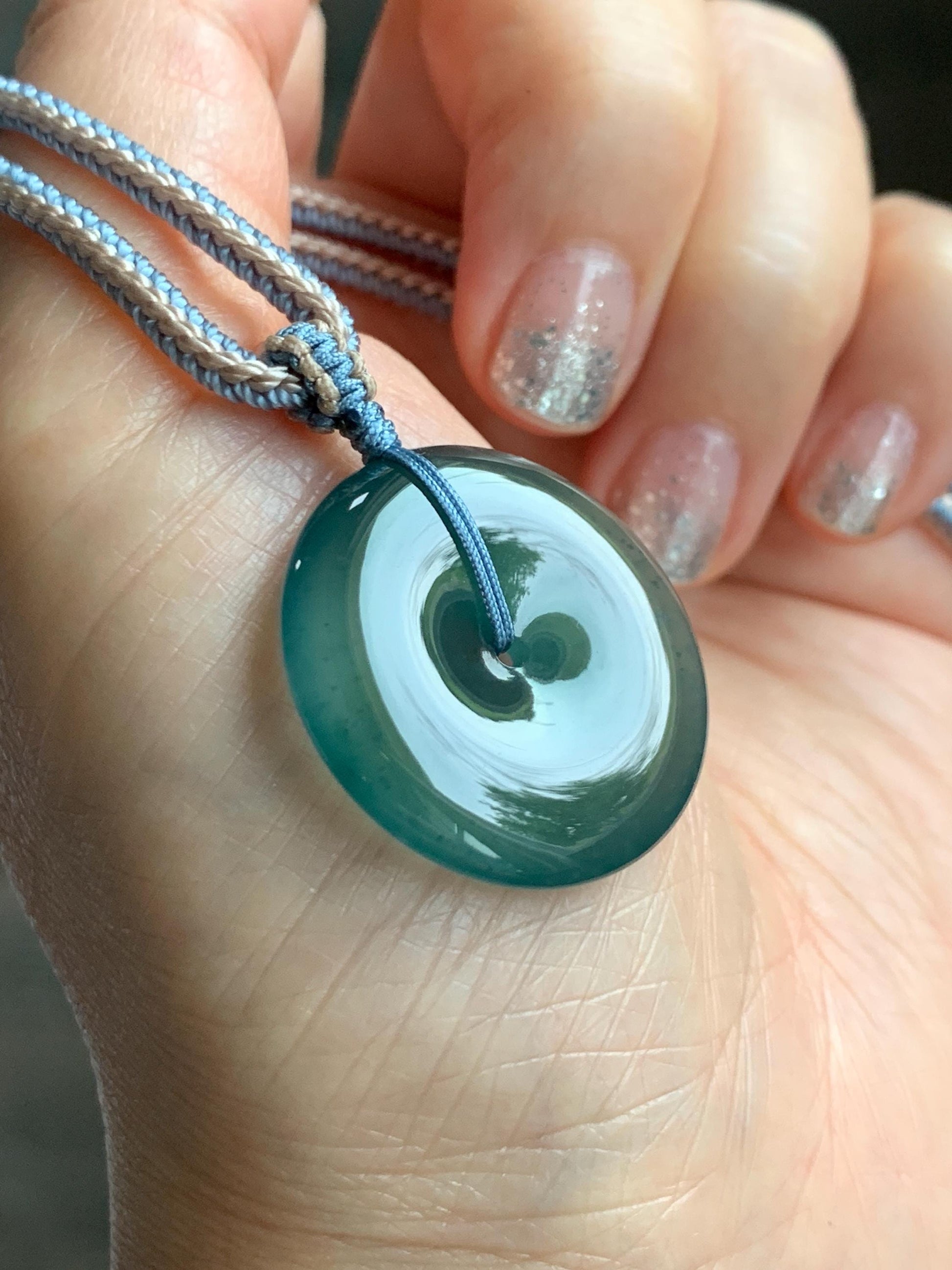 Natural Grade A Guatemalan Icy Translucent Dark Teal Blue Jade Jadeite Ping An Kou Donut Pendant Rope Necklace 27” 11g 天然冰危深蓝绿翡翠平安扣吊坠WPK330C