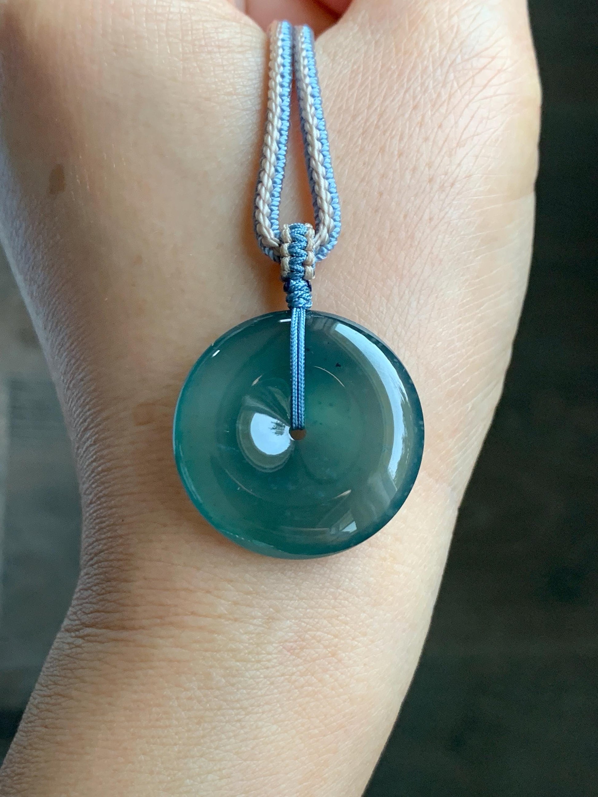 Natural Grade A Guatemalan Icy Translucent Dark Teal Blue Jade Jadeite Ping An Kou Donut Pendant Rope Necklace 27” 11g 天然冰危深蓝绿翡翠平安扣吊坠WPK330C