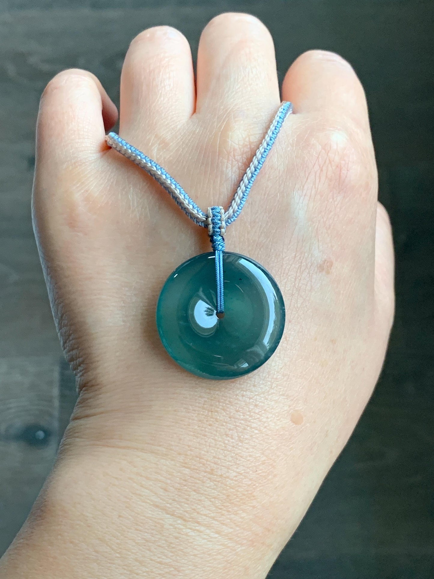 Natural Grade A Guatemalan Icy Translucent Dark Teal Blue Jade Jadeite Ping An Kou Donut Pendant Rope Necklace 27” 11g 天然冰危深蓝绿翡翠平安扣吊坠WPK330C