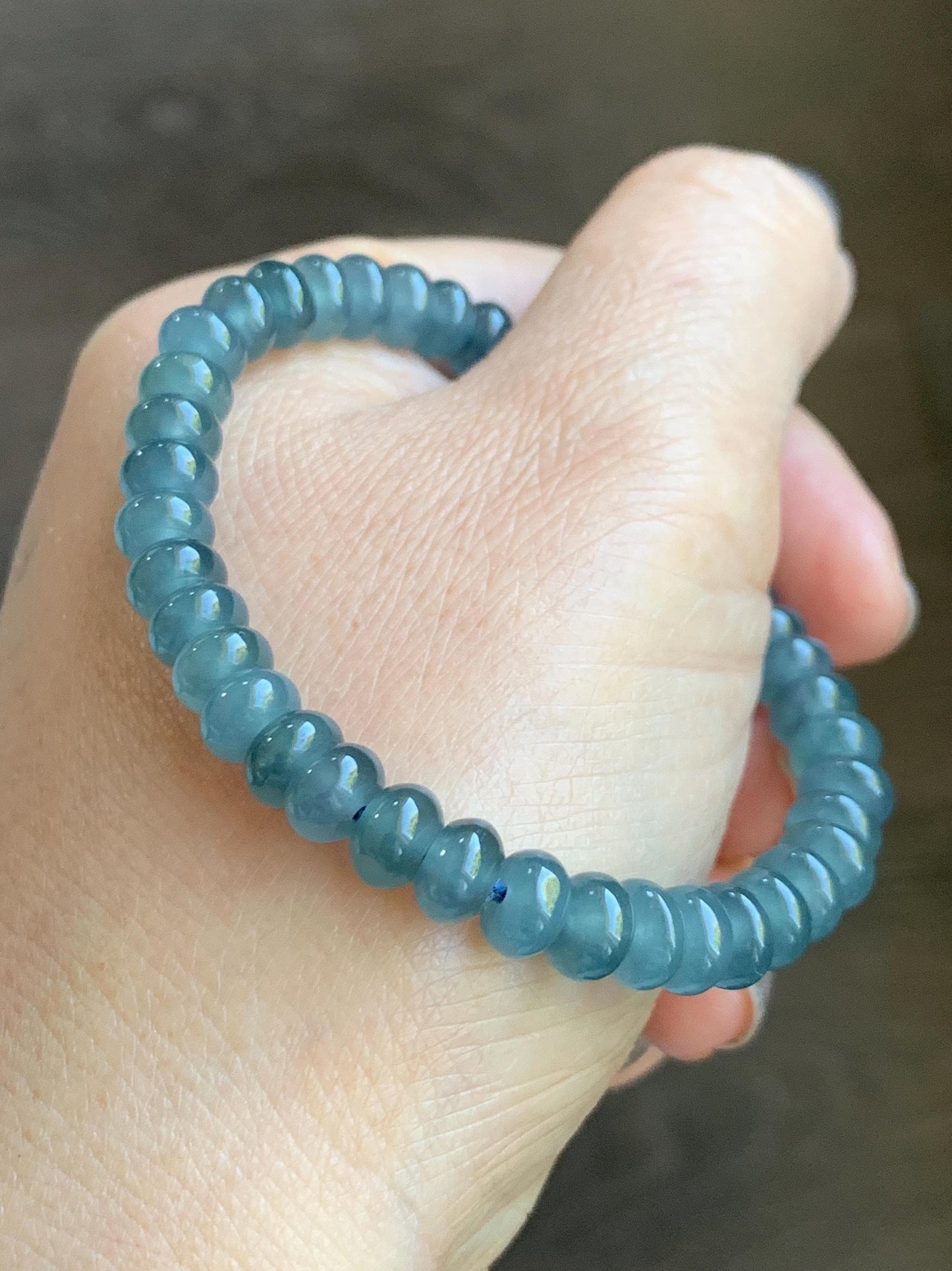 Certified Natural Grade A Guatemalan Icy Translucent Dusty Aegean Blue Jade Jadeite Small Drum Beads Beaded Bracelet 7” 15.5g 天然冰危蓝翡翠鼓珠手串491