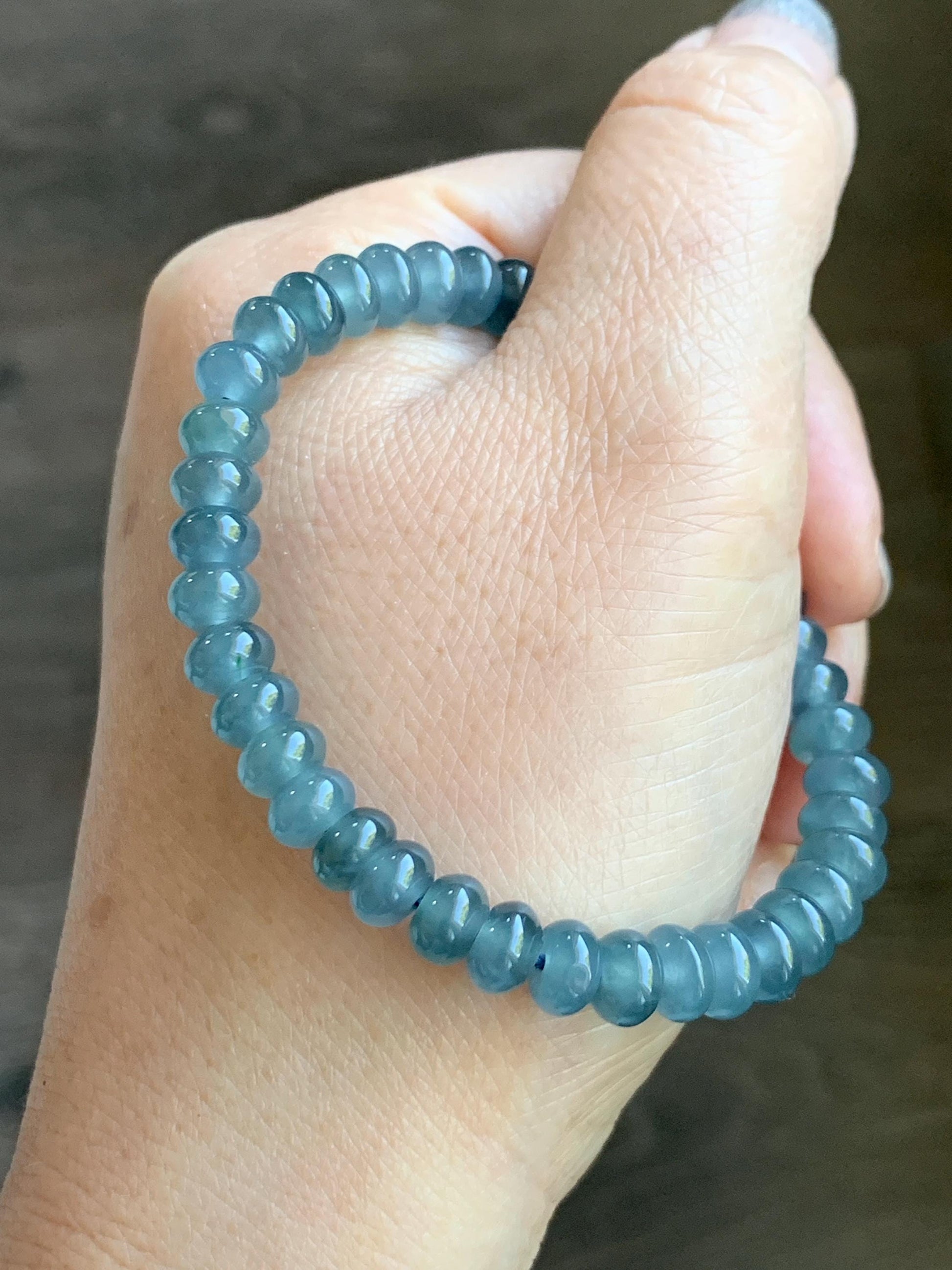 Certified Natural Grade A Guatemalan Icy Translucent Dusty Aegean Blue Jade Jadeite Small Drum Beads Beaded Bracelet 7” 15.5g 天然冰危蓝翡翠鼓珠手串491