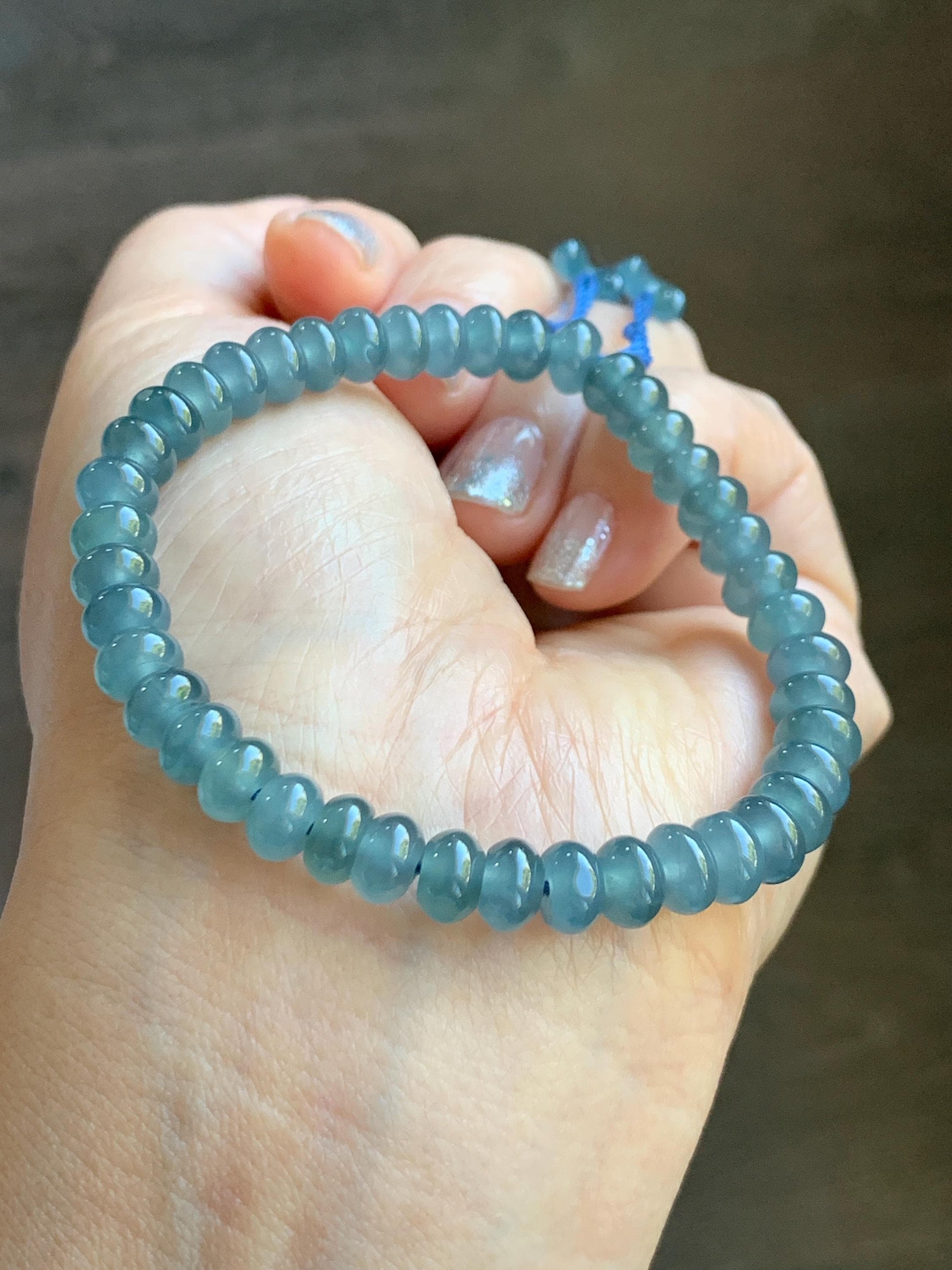 Certified Natural Grade A Guatemalan Icy Translucent Dusty Aegean Blue Jade Jadeite Small Drum Beads Beaded Bracelet 7” 15.5g 天然冰危蓝翡翠鼓珠手串491