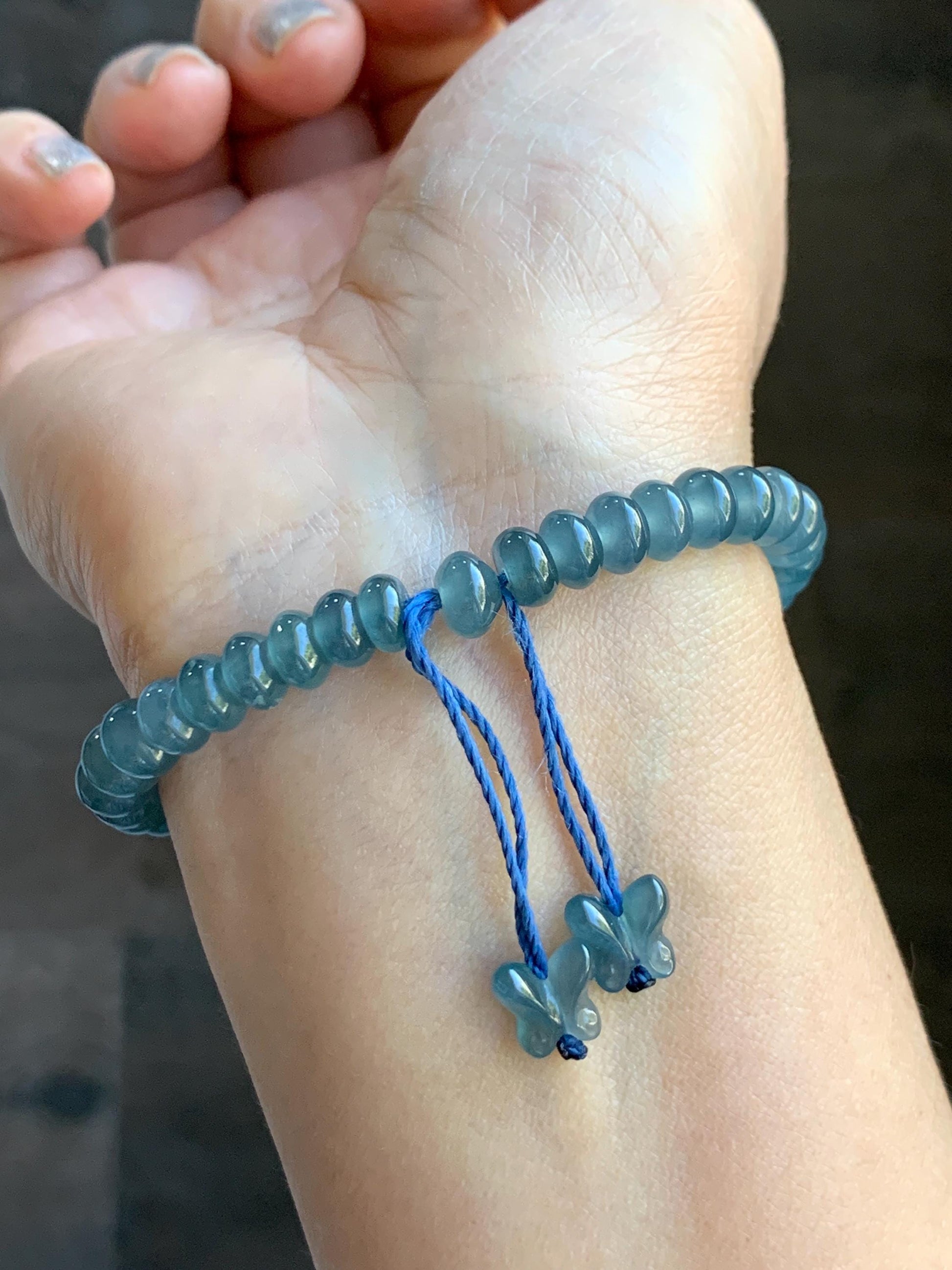 Certified Natural Grade A Guatemalan Icy Translucent Dusty Aegean Blue Jade Jadeite Small Drum Beads Beaded Bracelet 7” 15.5g 天然冰危蓝翡翠鼓珠手串491