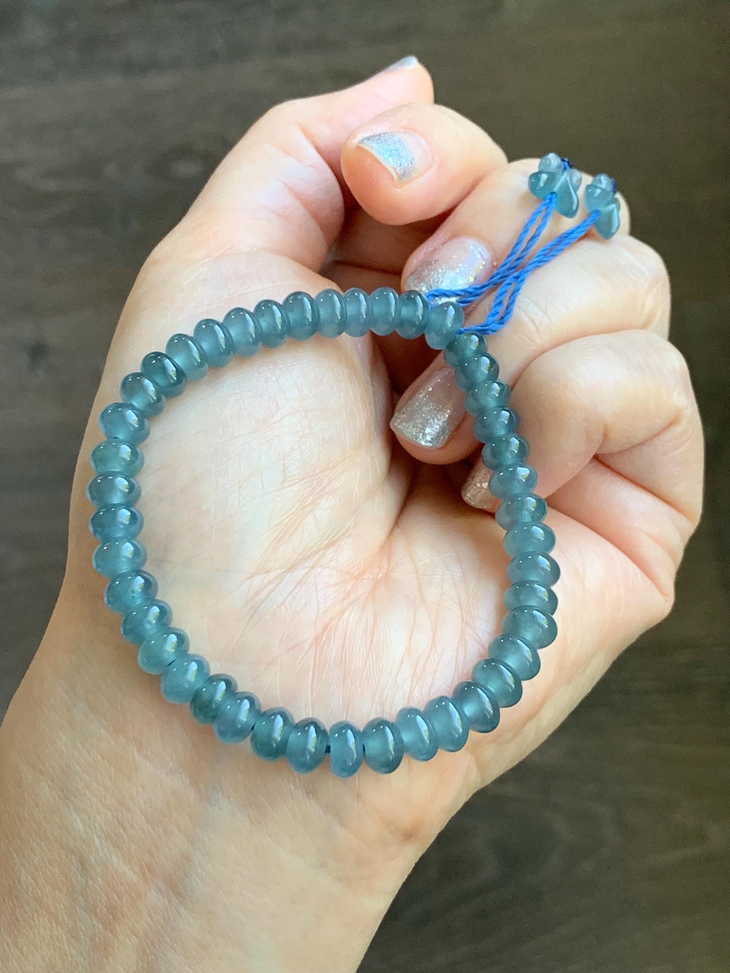 Certified Natural Grade A Guatemalan Icy Translucent Dusty Aegean Blue Jade Jadeite Small Drum Beads Beaded Bracelet 7” 15.5g 天然冰危蓝翡翠鼓珠手串491