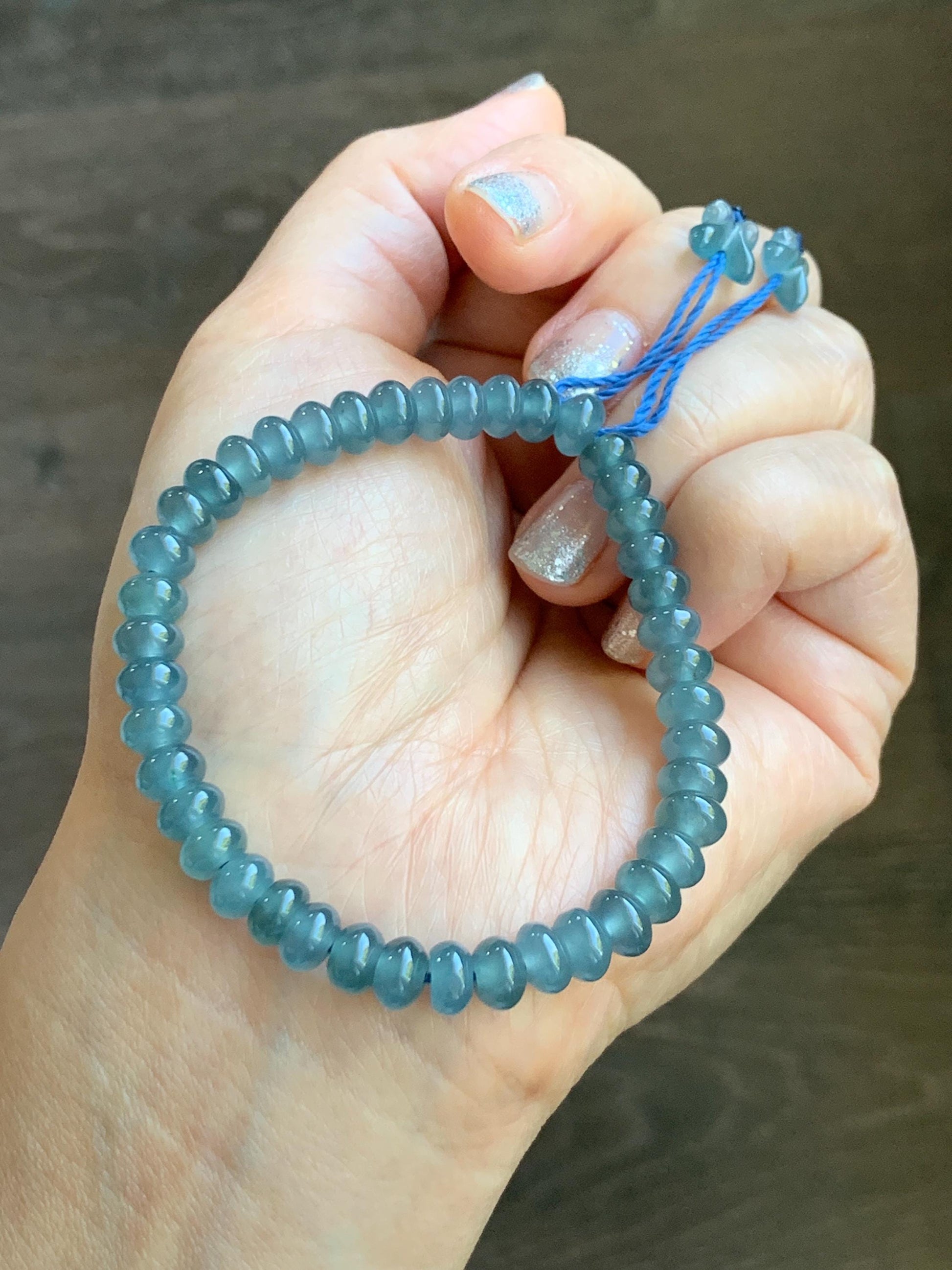 Certified Natural Grade A Guatemalan Icy Translucent Dusty Aegean Blue Jade Jadeite Small Drum Beads Beaded Bracelet 7” 15.5g 天然冰危蓝翡翠鼓珠手串491