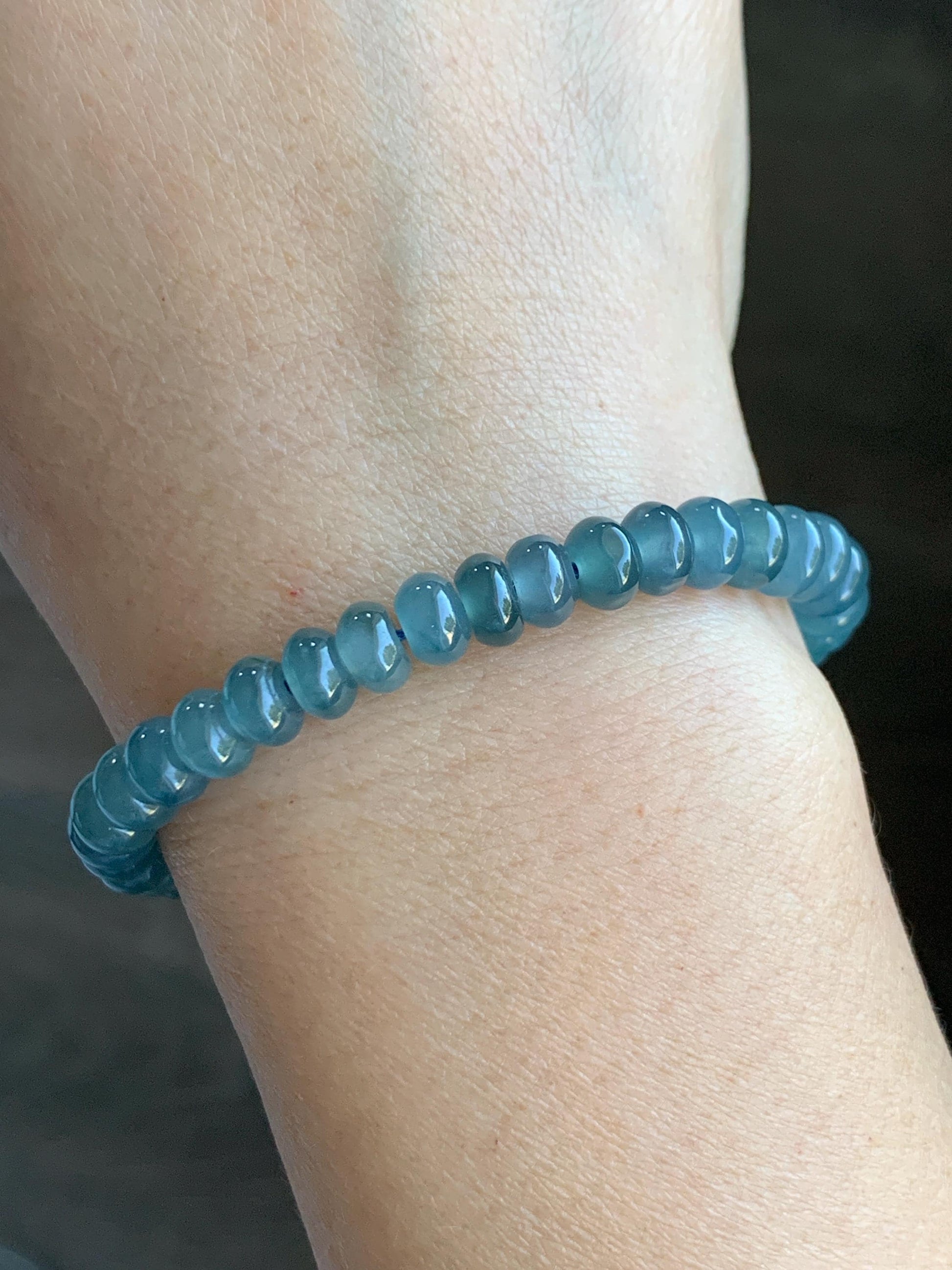 Certified Natural Grade A Guatemalan Icy Translucent Dusty Aegean Blue Jade Jadeite Small Drum Beads Beaded Bracelet 7” 15.5g 天然冰危蓝翡翠鼓珠手串491