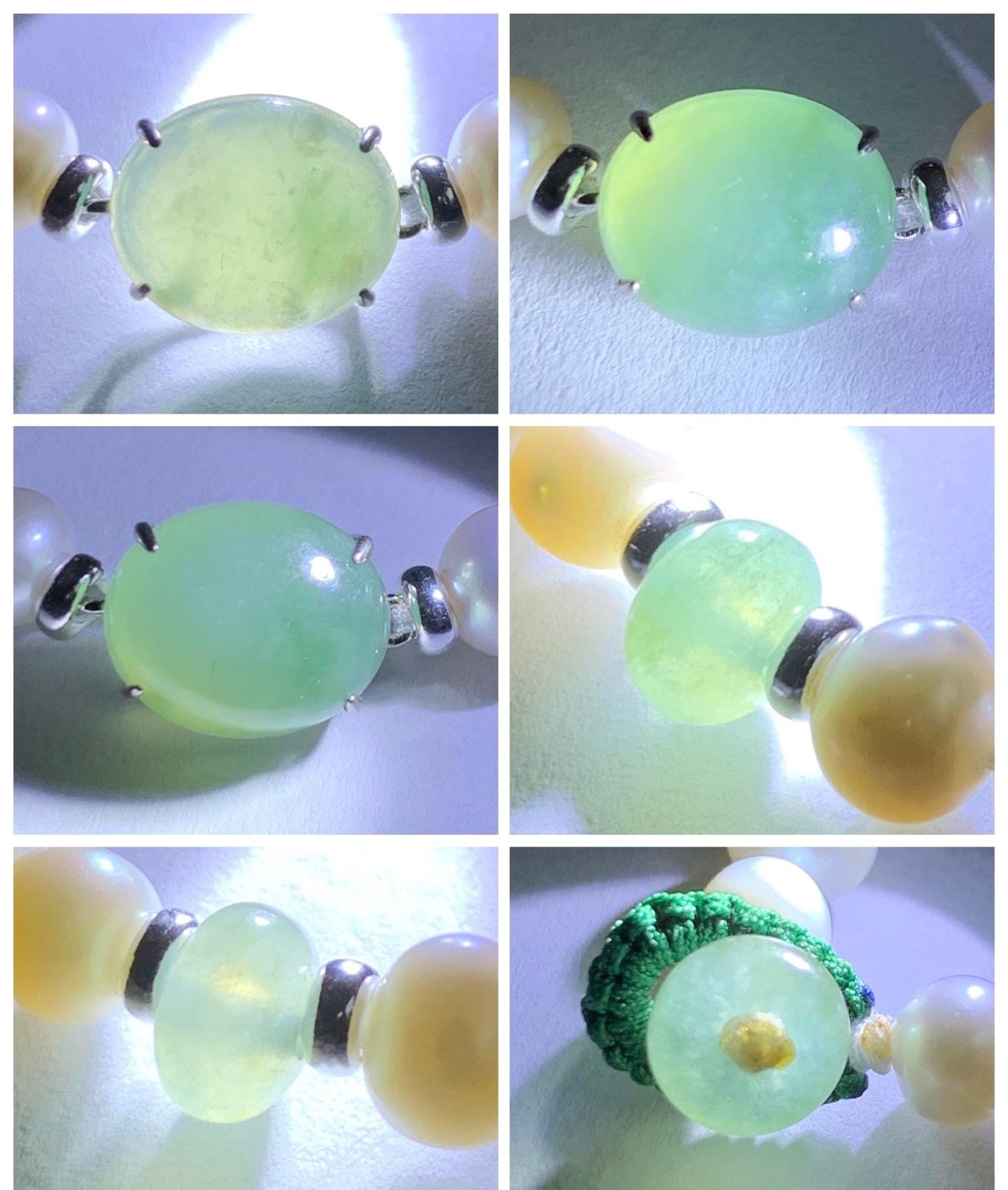 Natural Freshwater All-Nacre Pearls Grade A Icy Translucent Light Green Jade Jadeite Beaded Bracelet Sterling Silver 7" 天然淡水无核珍珠冰晴翡翠手串 ZQ203