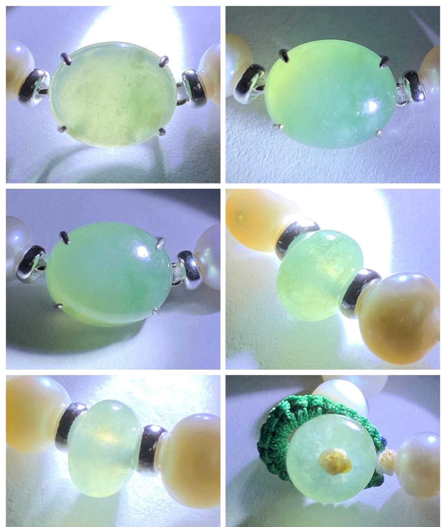 Natural Freshwater All-Nacre Pearls Grade A Icy Translucent Light Green Jade Jadeite Beaded Bracelet Sterling Silver 7" 天然淡水无核珍珠冰晴翡翠手串 ZQ203