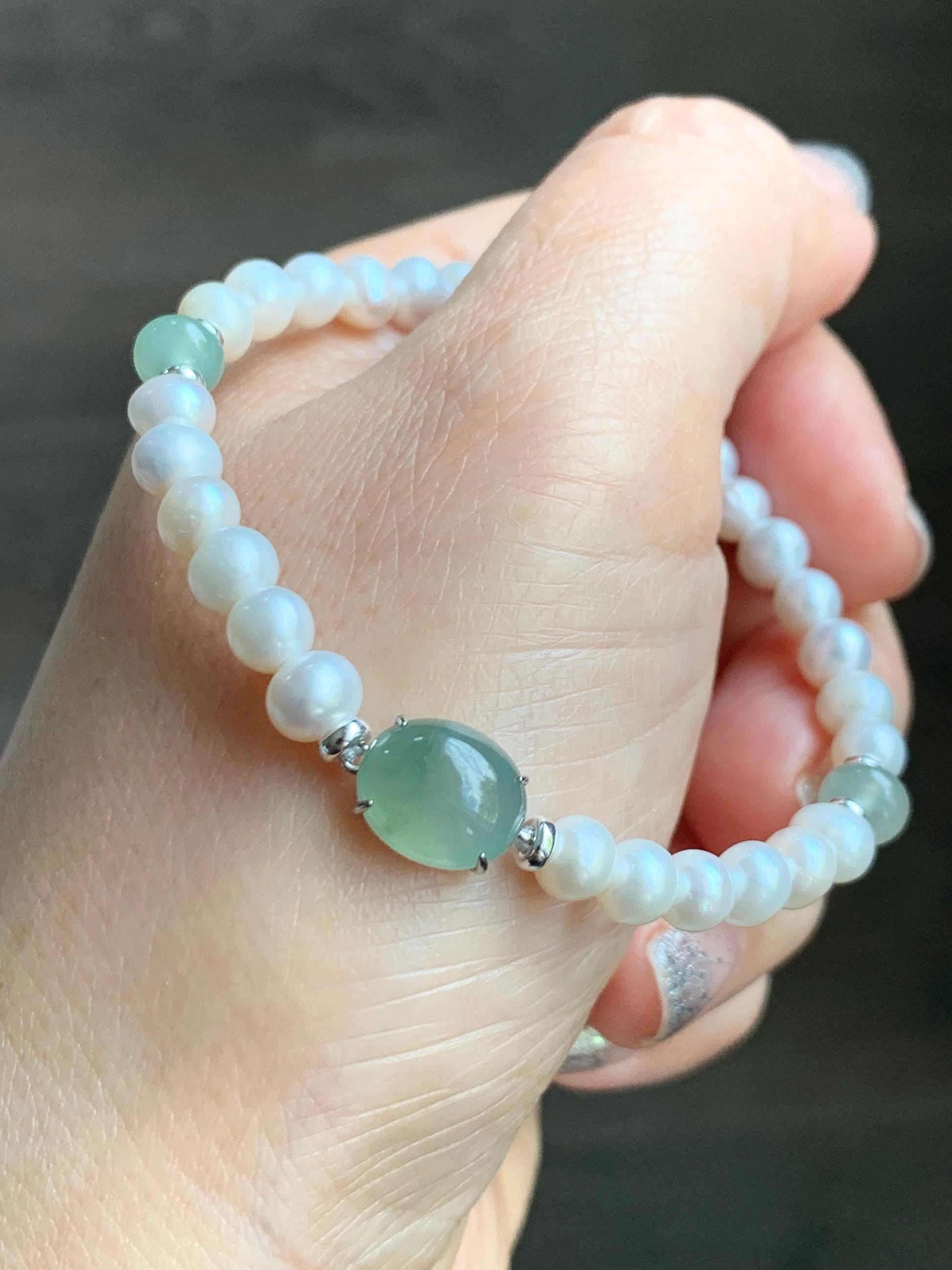 Natural Freshwater All-Nacre Pearls Grade A Icy Translucent Light Green Jade Jadeite Beaded Bracelet Sterling Silver 7" 天然淡水无核珍珠冰晴翡翠手串 ZQ203