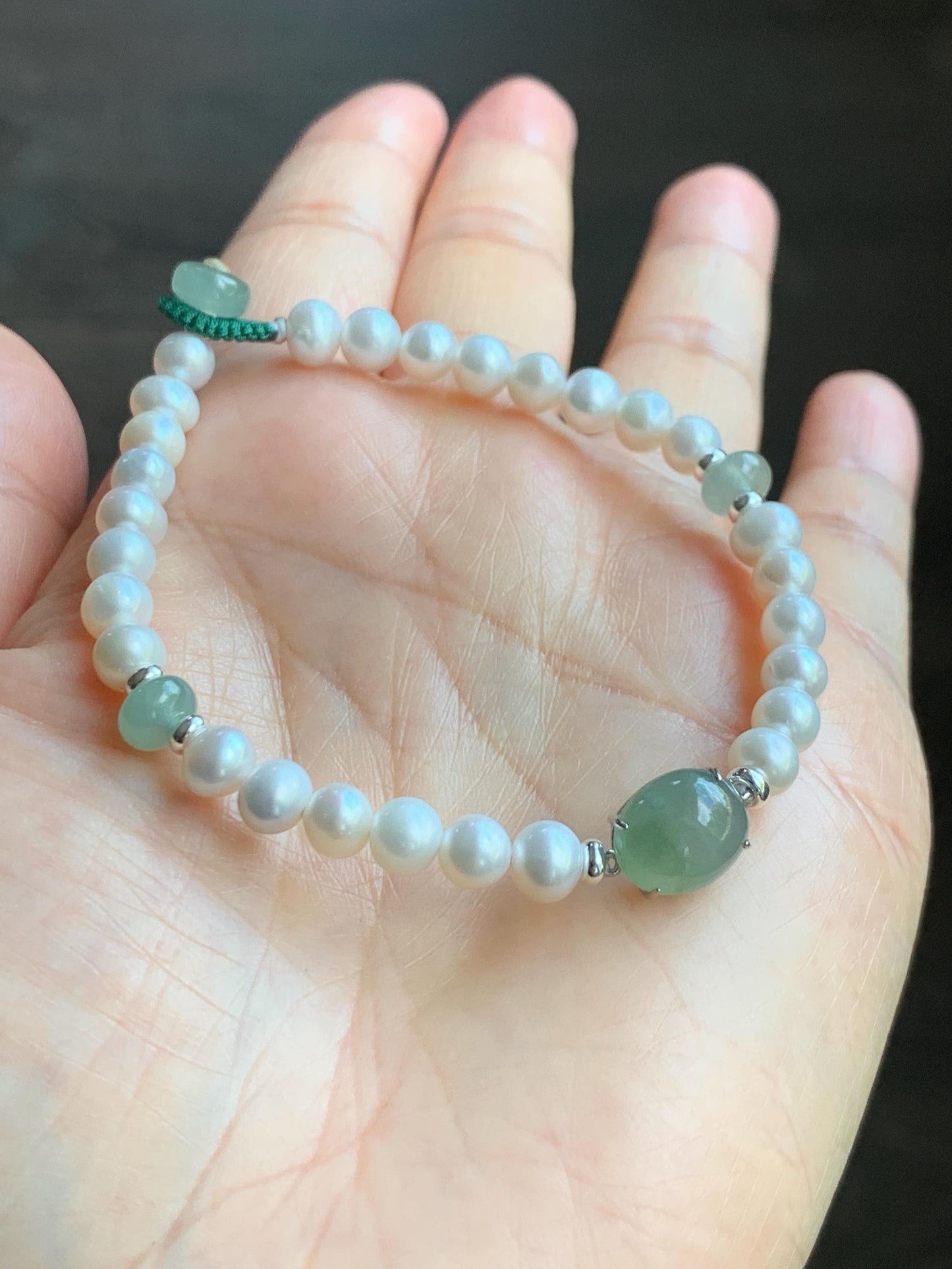 Natural Freshwater All-Nacre Pearls Grade A Icy Translucent Light Green Jade Jadeite Beaded Bracelet Sterling Silver 7" 天然淡水无核珍珠冰晴翡翠手串 ZQ203