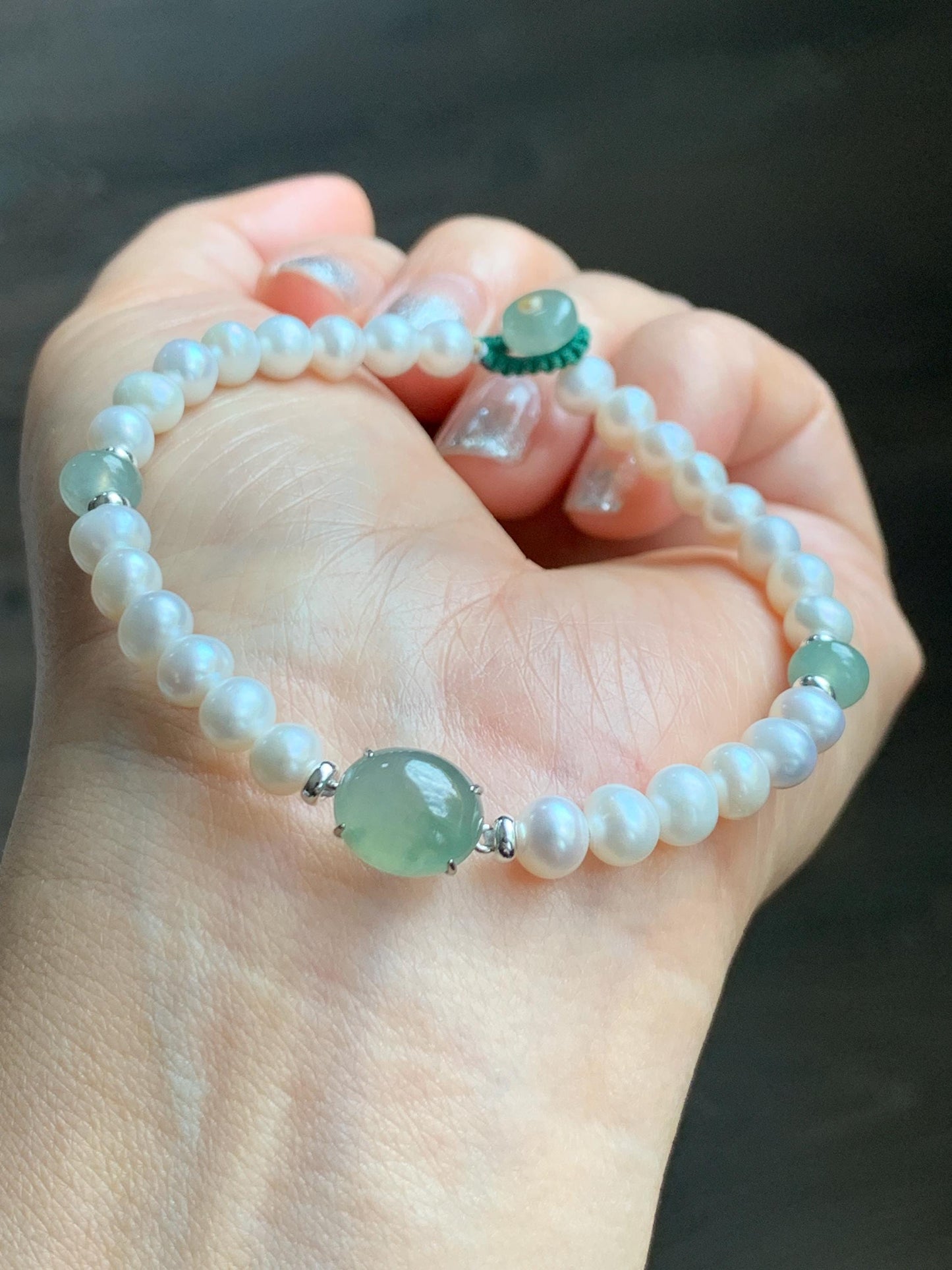 Natural Freshwater All-Nacre Pearls Grade A Icy Translucent Light Green Jade Jadeite Beaded Bracelet Sterling Silver 7" 天然淡水无核珍珠冰晴翡翠手串 ZQ203