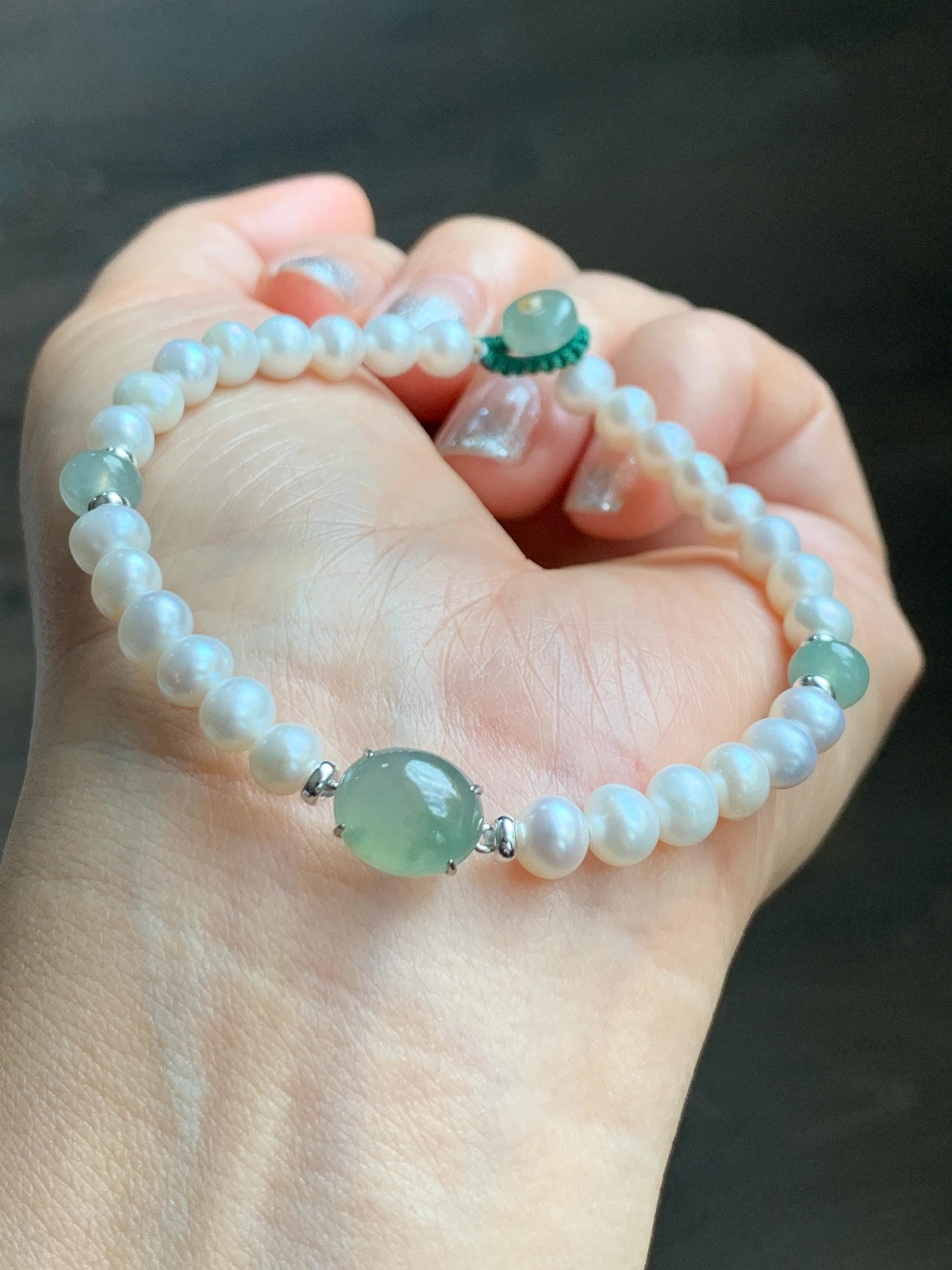 Natural Freshwater All-Nacre Pearls Grade A Icy Translucent Light Green Jade Jadeite Beaded Bracelet Sterling Silver 7" 天然淡水无核珍珠冰晴翡翠手串 ZQ203