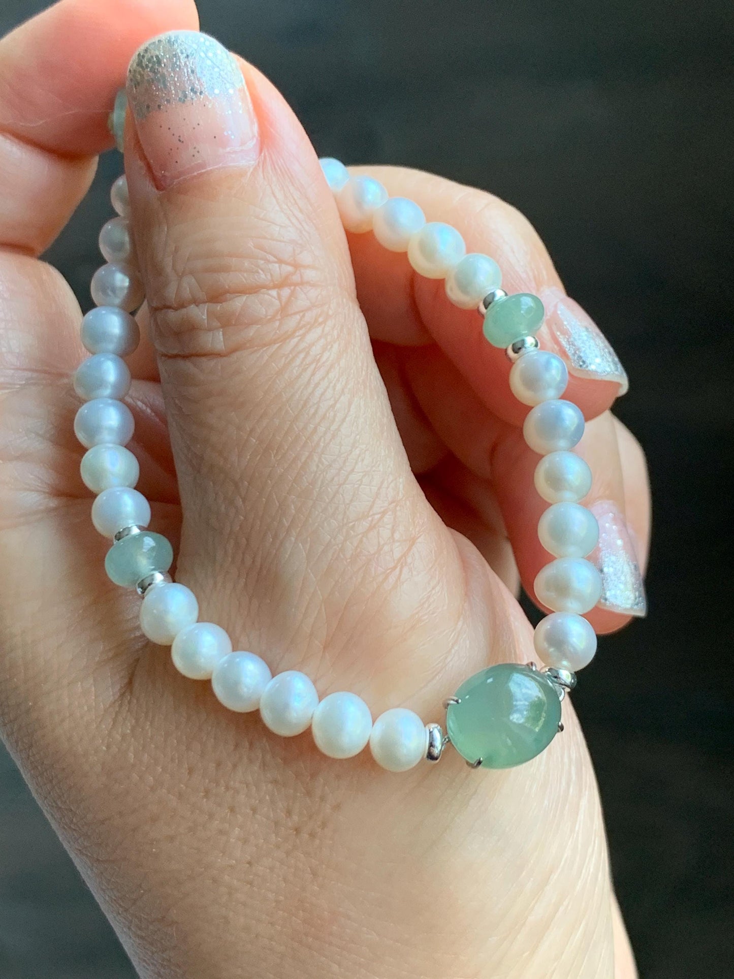 Natural Freshwater All-Nacre Pearls Grade A Icy Translucent Light Green Jade Jadeite Beaded Bracelet Sterling Silver 7" 天然淡水无核珍珠冰晴翡翠手串 ZQ203